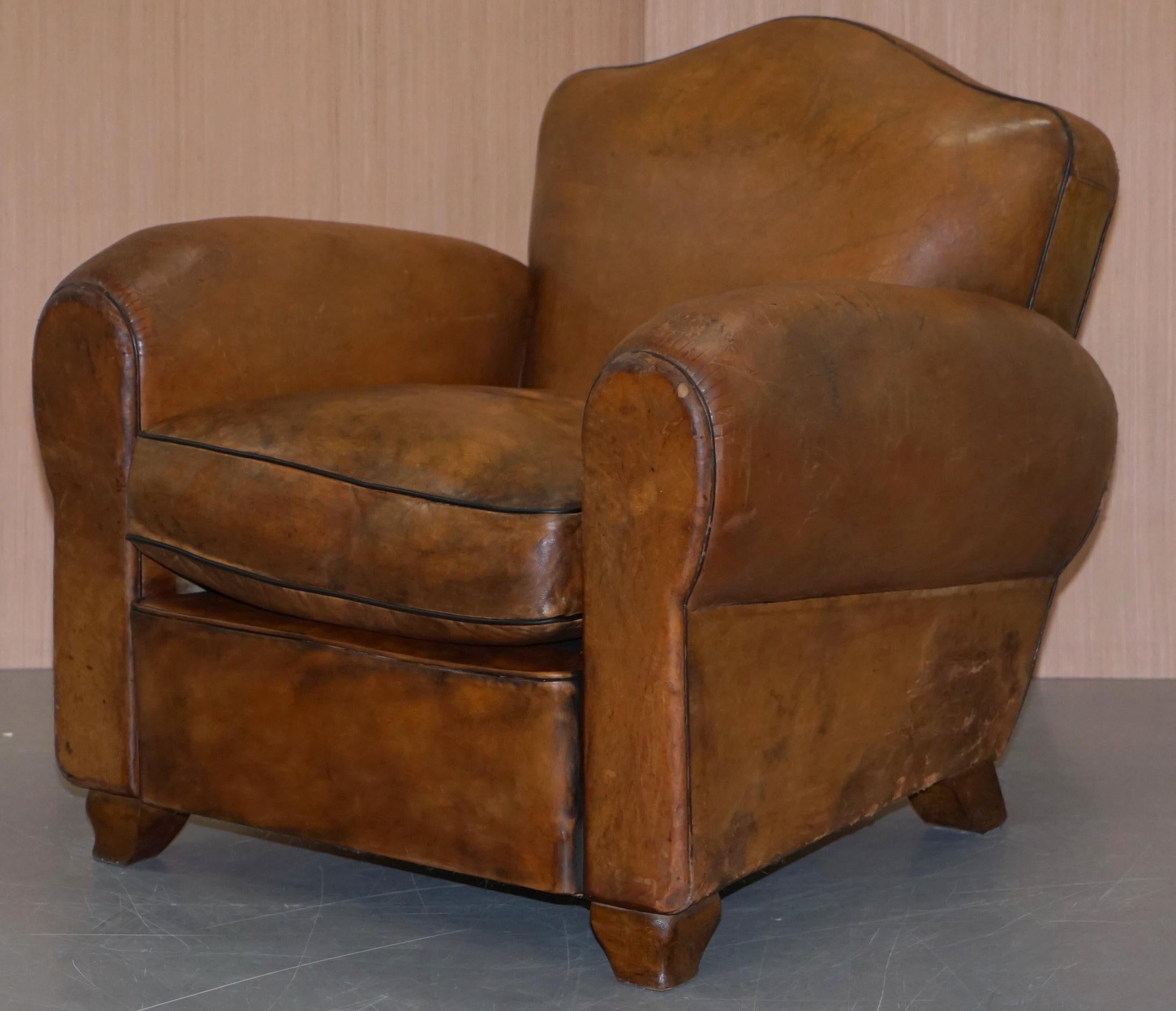 Rare Original Pair of French circa 1890 Brown Leather Club Armchairs Hand Dyed 10