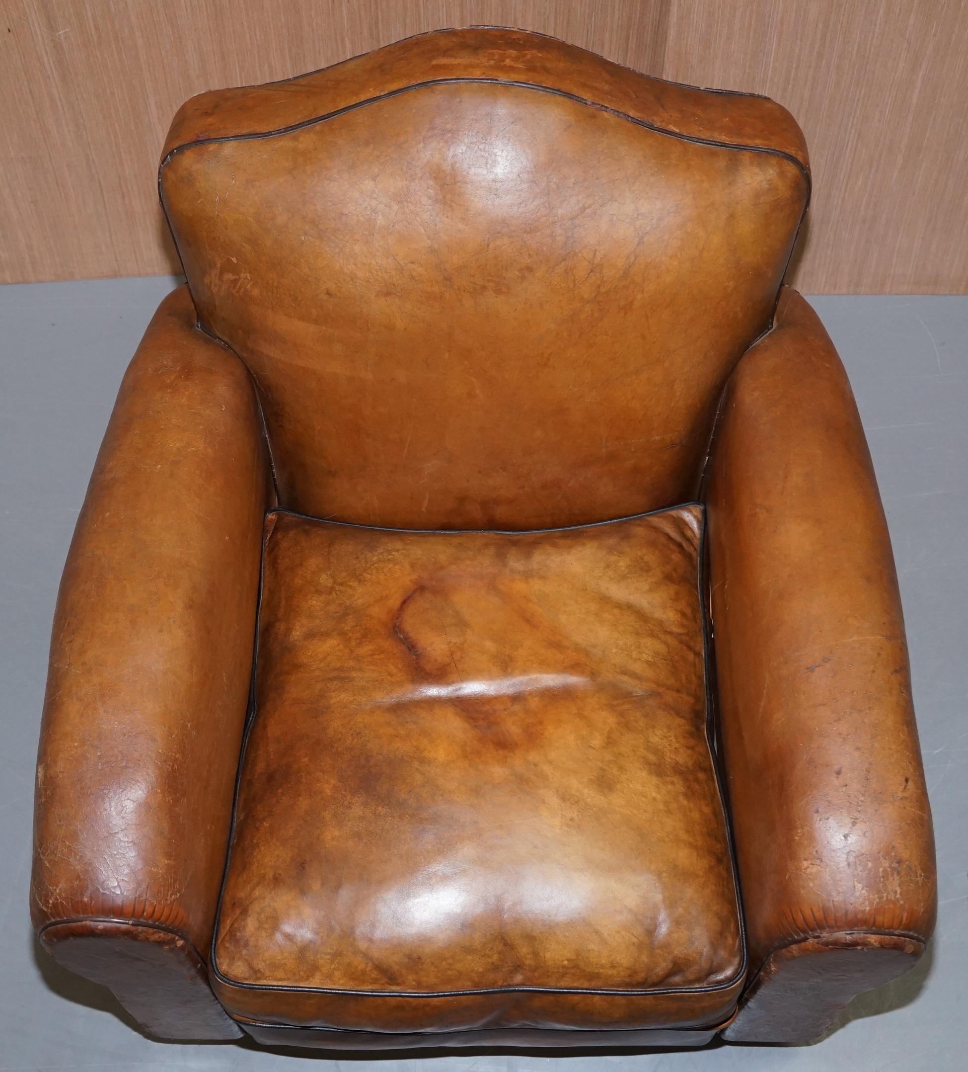Rare Original Pair of French circa 1890 Brown Leather Club Armchairs Hand Dyed 11