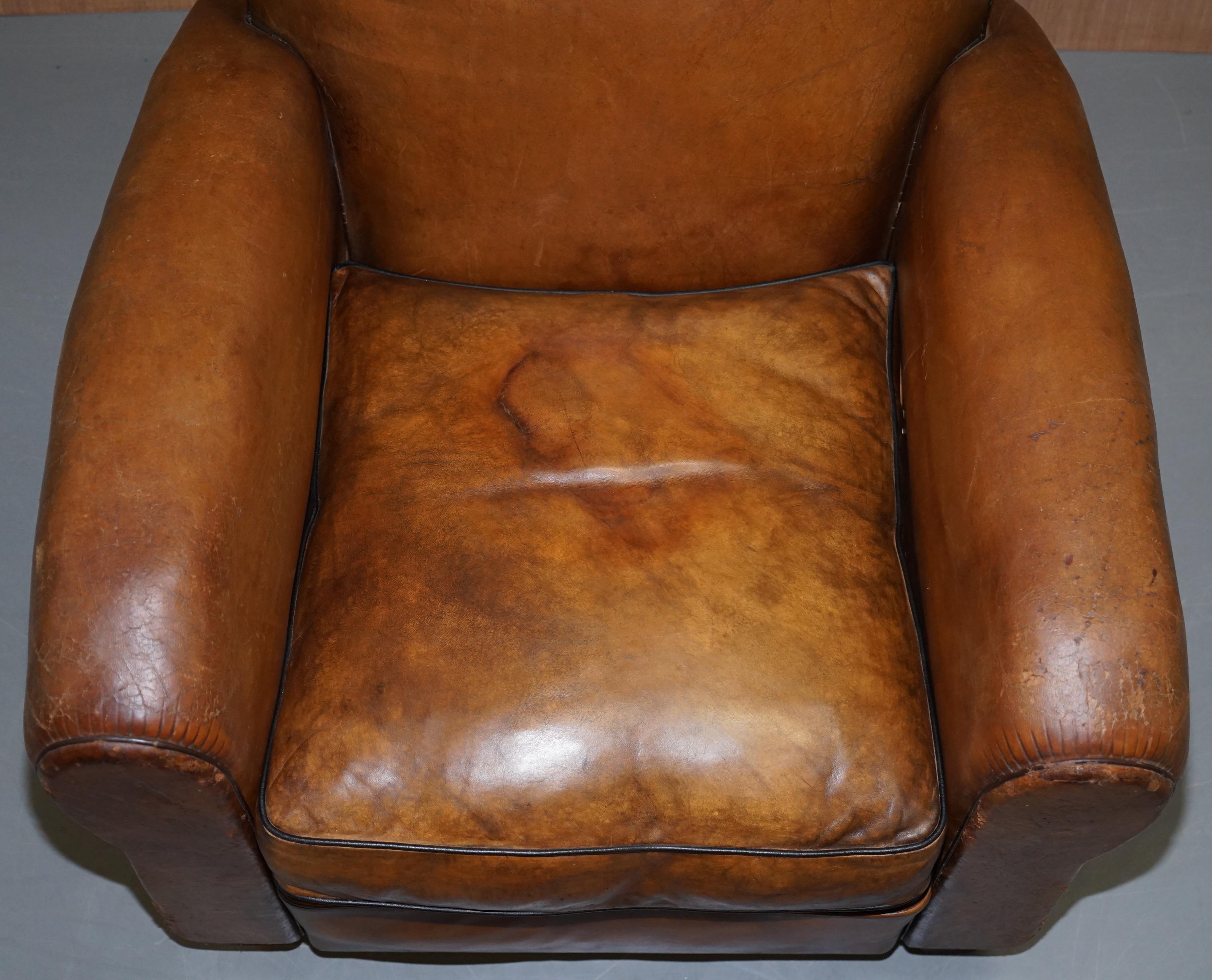 Rare Original Pair of French circa 1890 Brown Leather Club Armchairs Hand Dyed 13