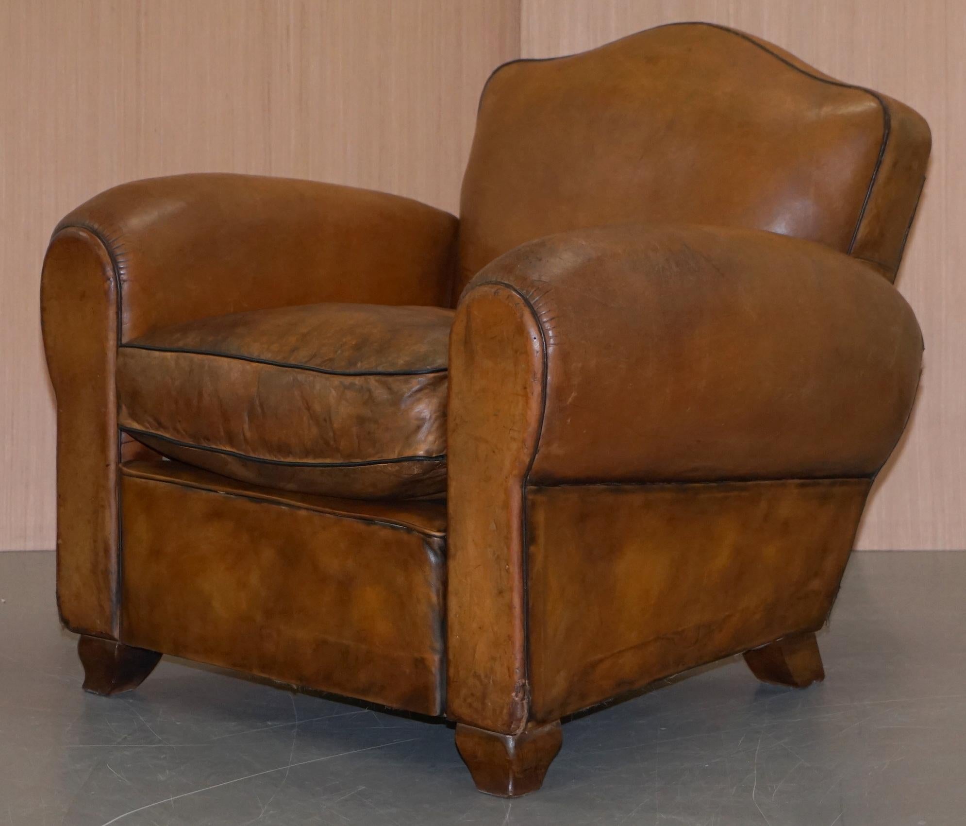 Hand-Crafted Rare Original Pair of French circa 1890 Brown Leather Club Armchairs Hand Dyed