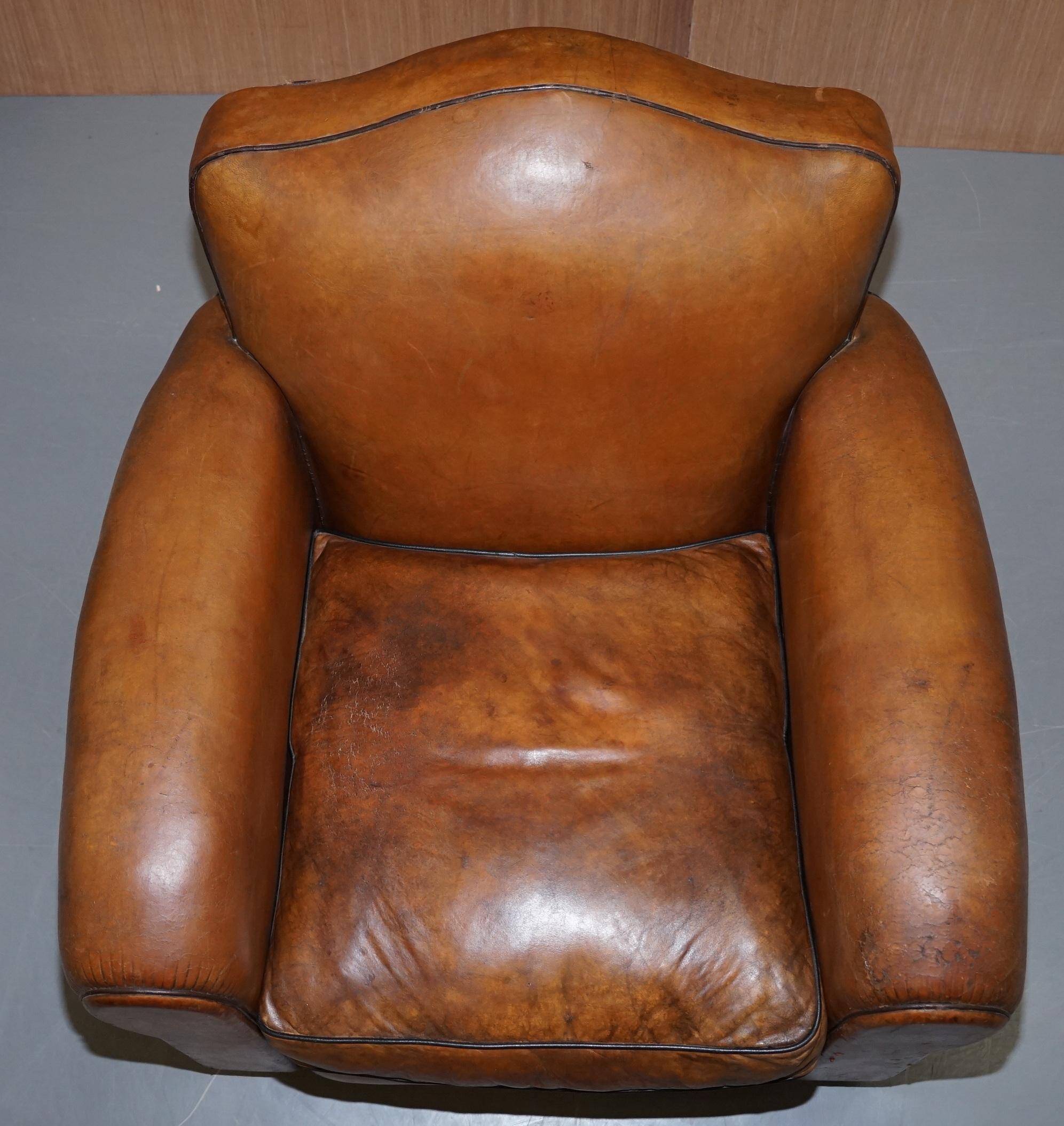 Late 19th Century Rare Original Pair of French circa 1890 Brown Leather Club Armchairs Hand Dyed
