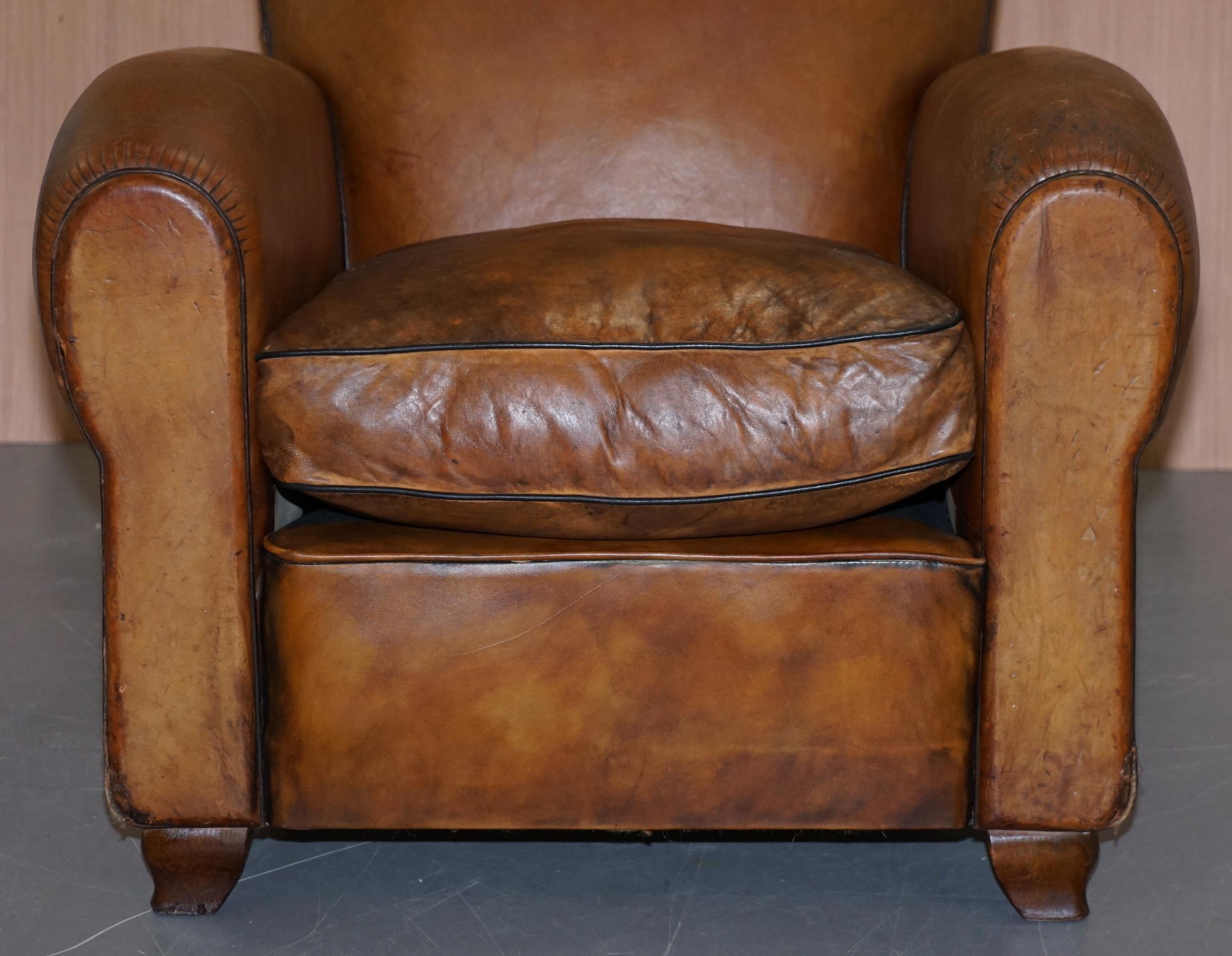Rare Original Pair of French circa 1890 Brown Leather Club Armchairs Hand Dyed 2