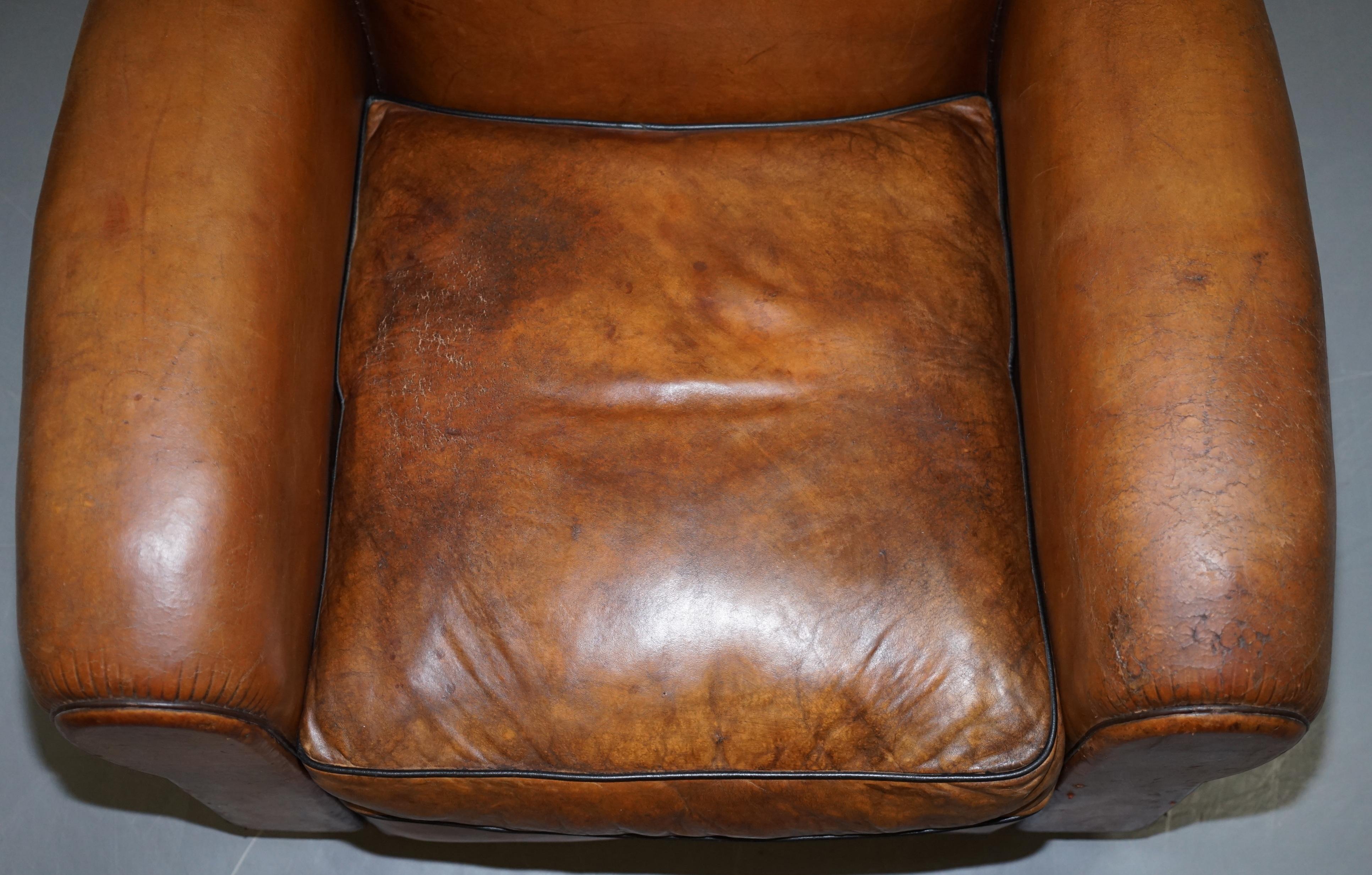 Rare Original Pair of French circa 1890 Brown Leather Club Armchairs Hand Dyed 4
