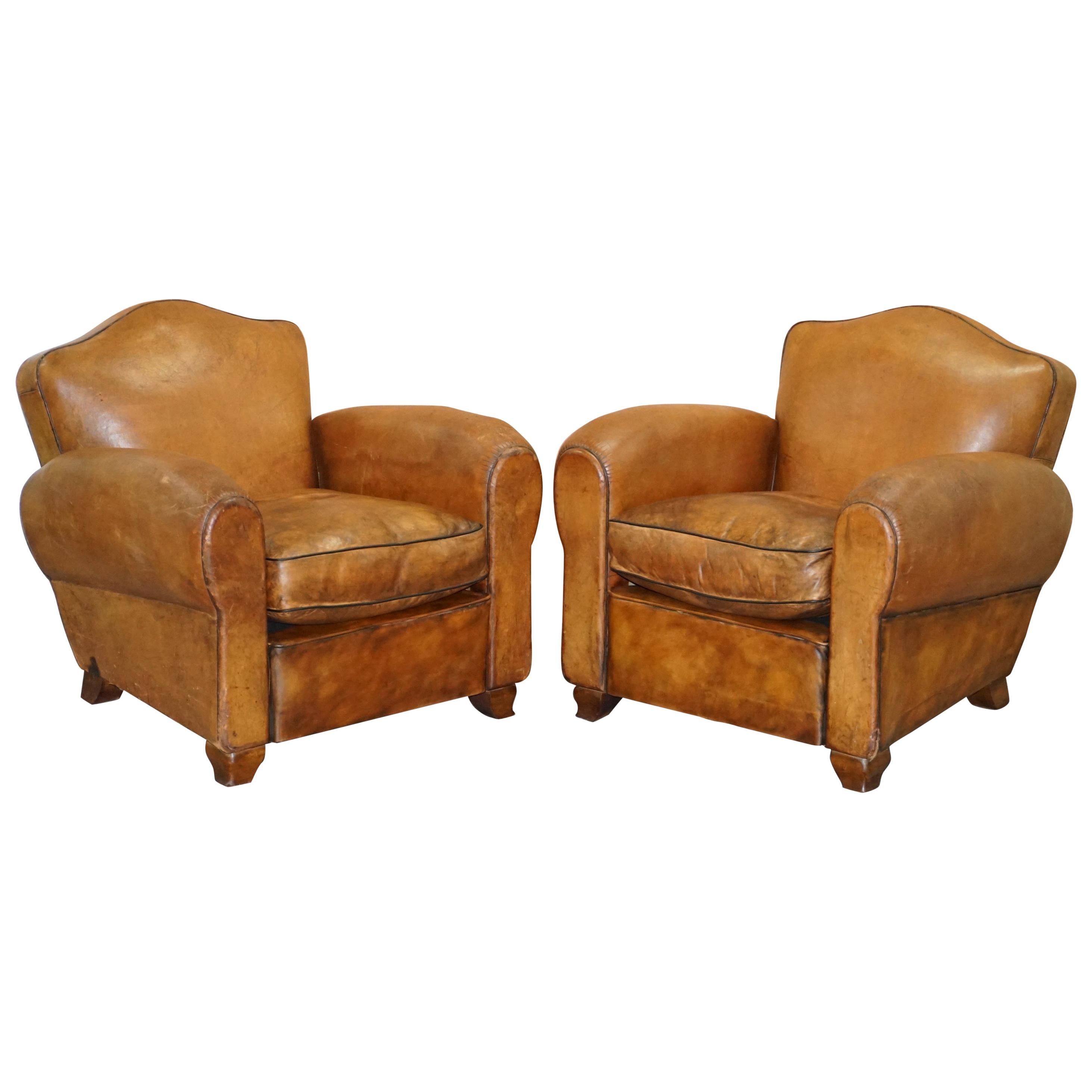 Rare Original Pair of French circa 1890 Brown Leather Club Armchairs Hand Dyed