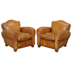 Rare Original Pair of French circa 1890 Brown Leather Club Armchairs Hand Dyed