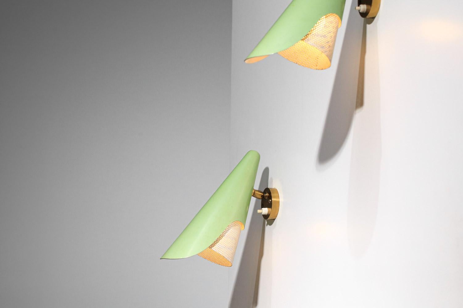 rare original pair of italian sconces Stilux rigitulle and green cones 1950's For Sale 8