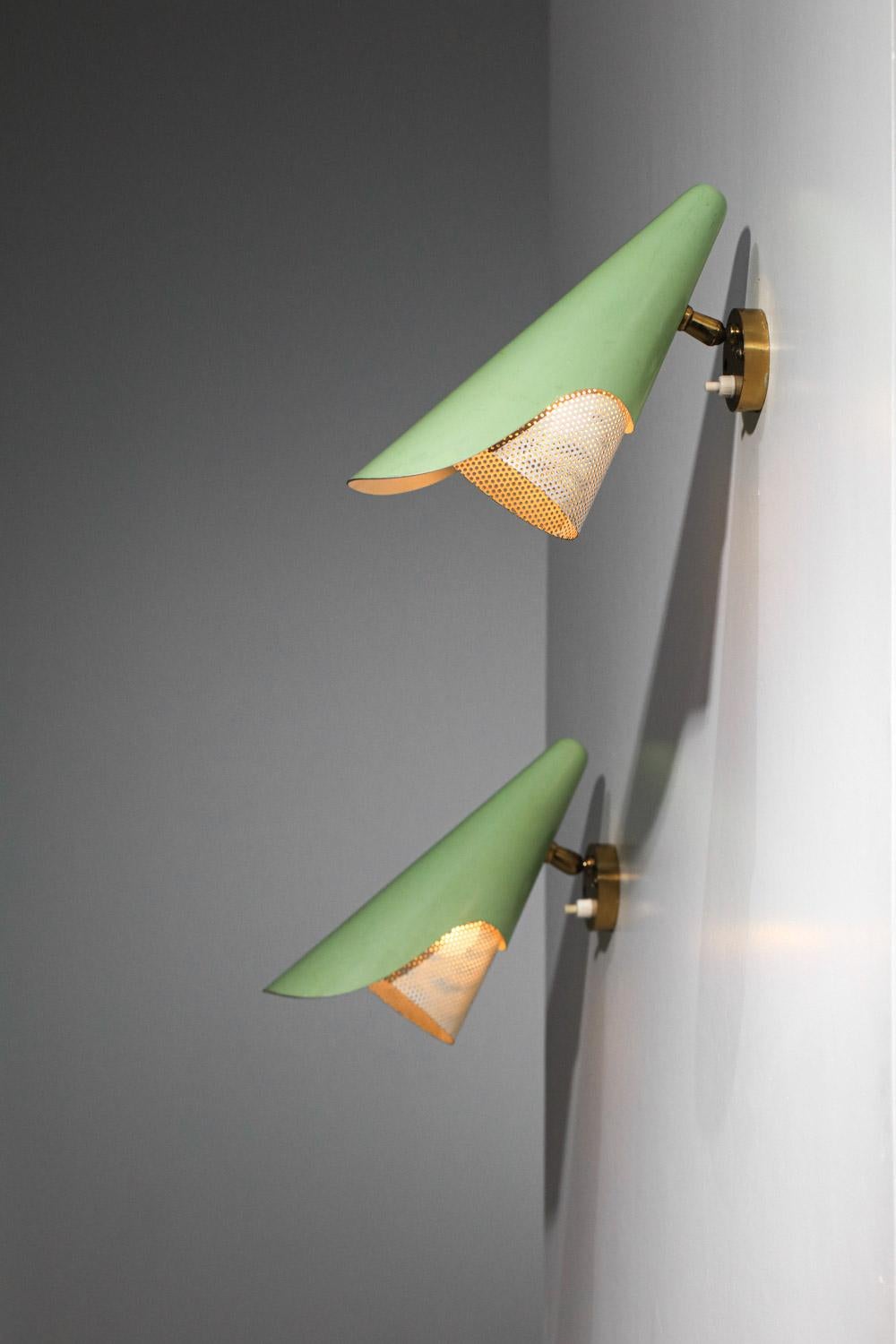 Mid-20th Century rare original pair of italian sconces Stilux rigitulle and green cones 1950's For Sale