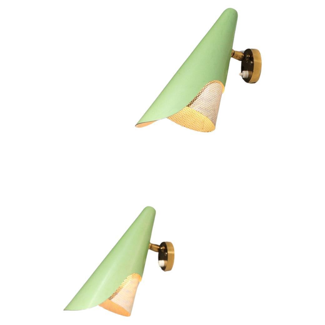 rare original pair of italian sconces Stilux rigitulle and green cones 1950's For Sale