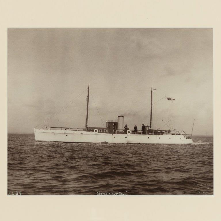 A rare original photograph by Kirks of Cowes of the Gentleman’s motor yacht Ameratas cruising in the Solent. She flies the White ensign of the Royal yacht squadron.

Stamped. Kirks of cowers and Numbered 3489,

circa 1920.