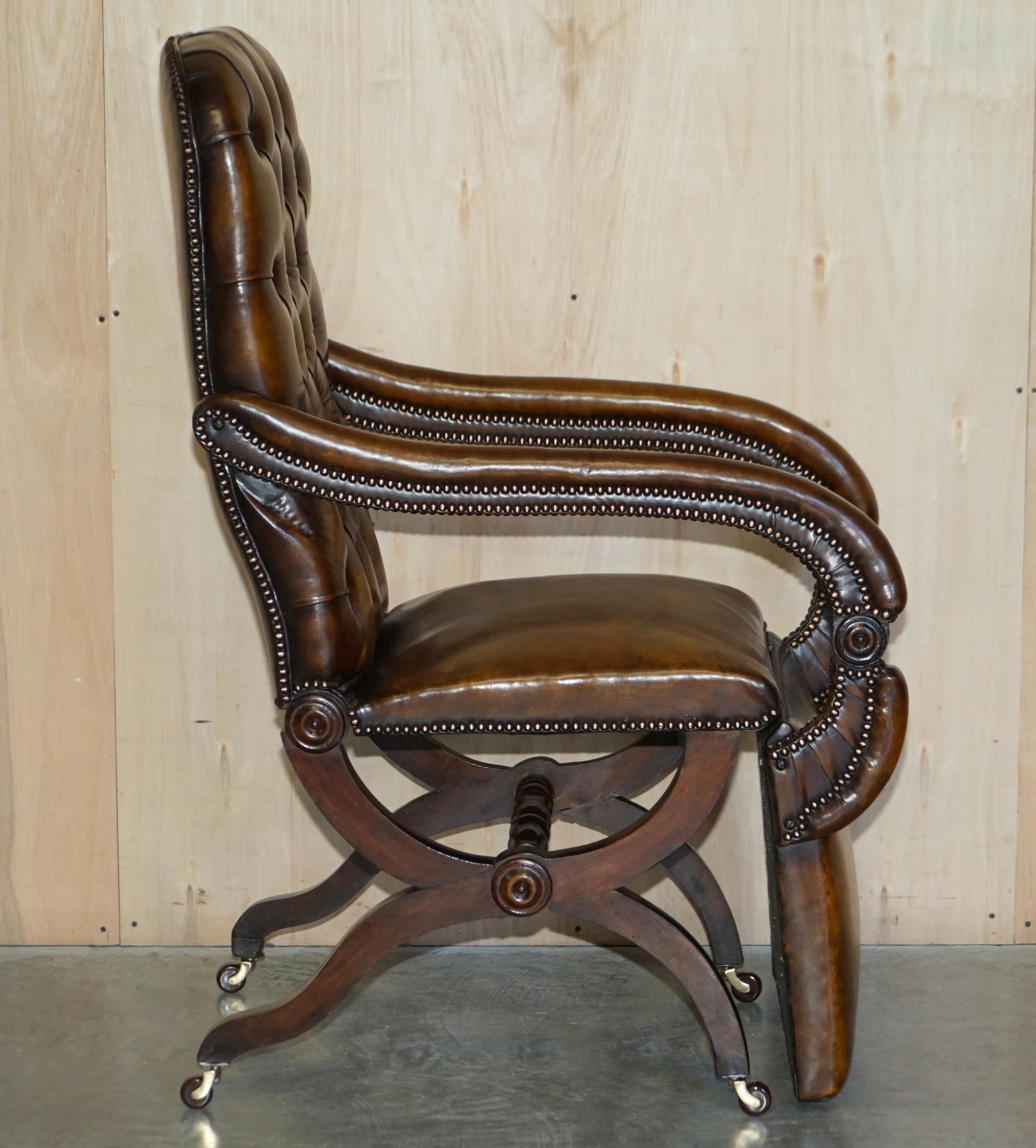 RARE ORIGINAL REGENCY X FRAMED RECLINING BROWN LEATHER CHESTERFIELD ARMCHAiR For Sale 1