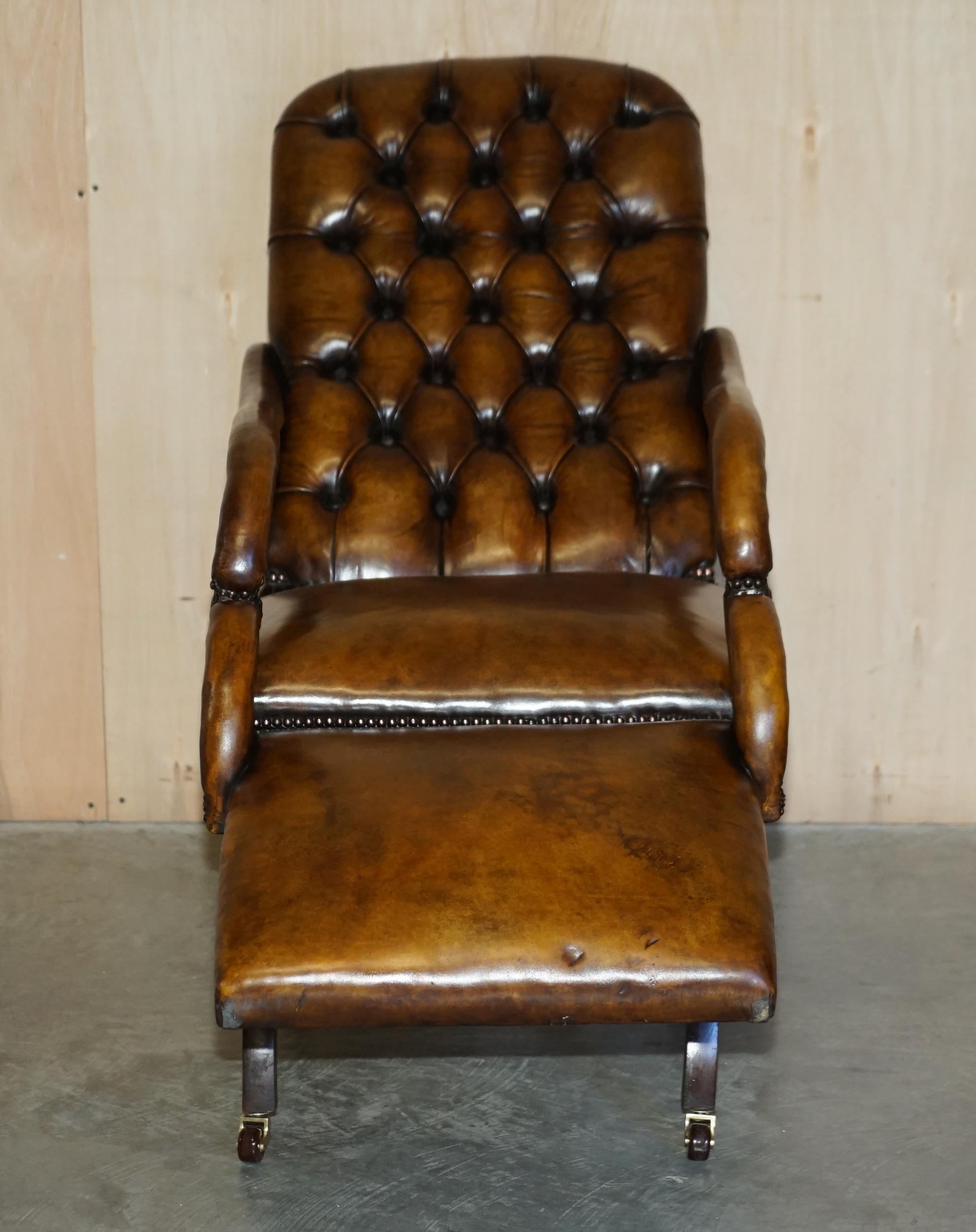 RARE ORIGINAL REGENCY X FRAMED RECLINING BROWN LEATHER CHESTERFIELD ARMCHAiR For Sale 7