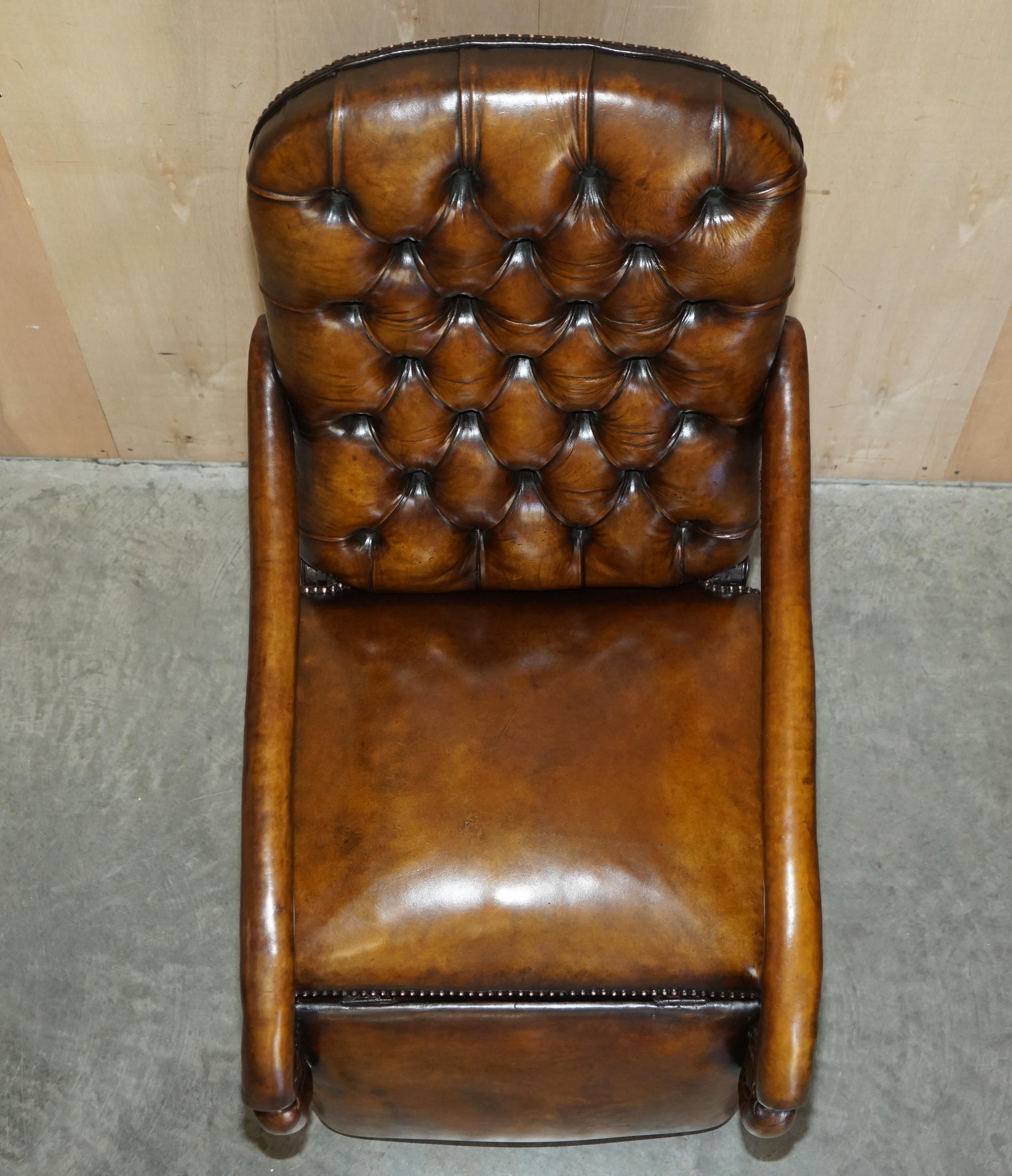 Hand-Carved RARE ORIGINAL REGENCY X FRAMED RECLINING BROWN LEATHER CHESTERFIELD ARMCHAiR For Sale