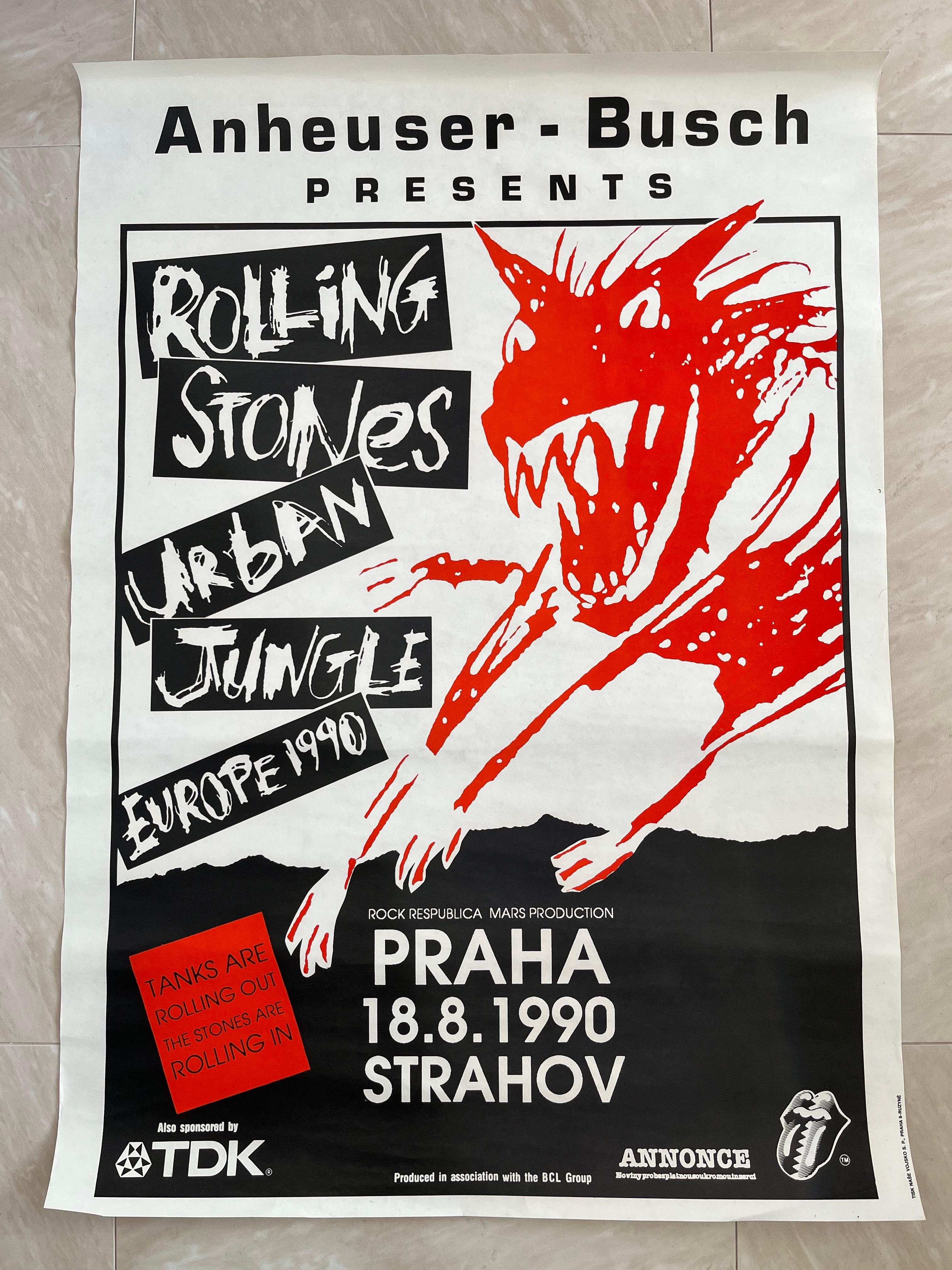 Mid-Century Modern Rare Original Rolling Stones Design Concert Poster, Prague / 1990 For Sale