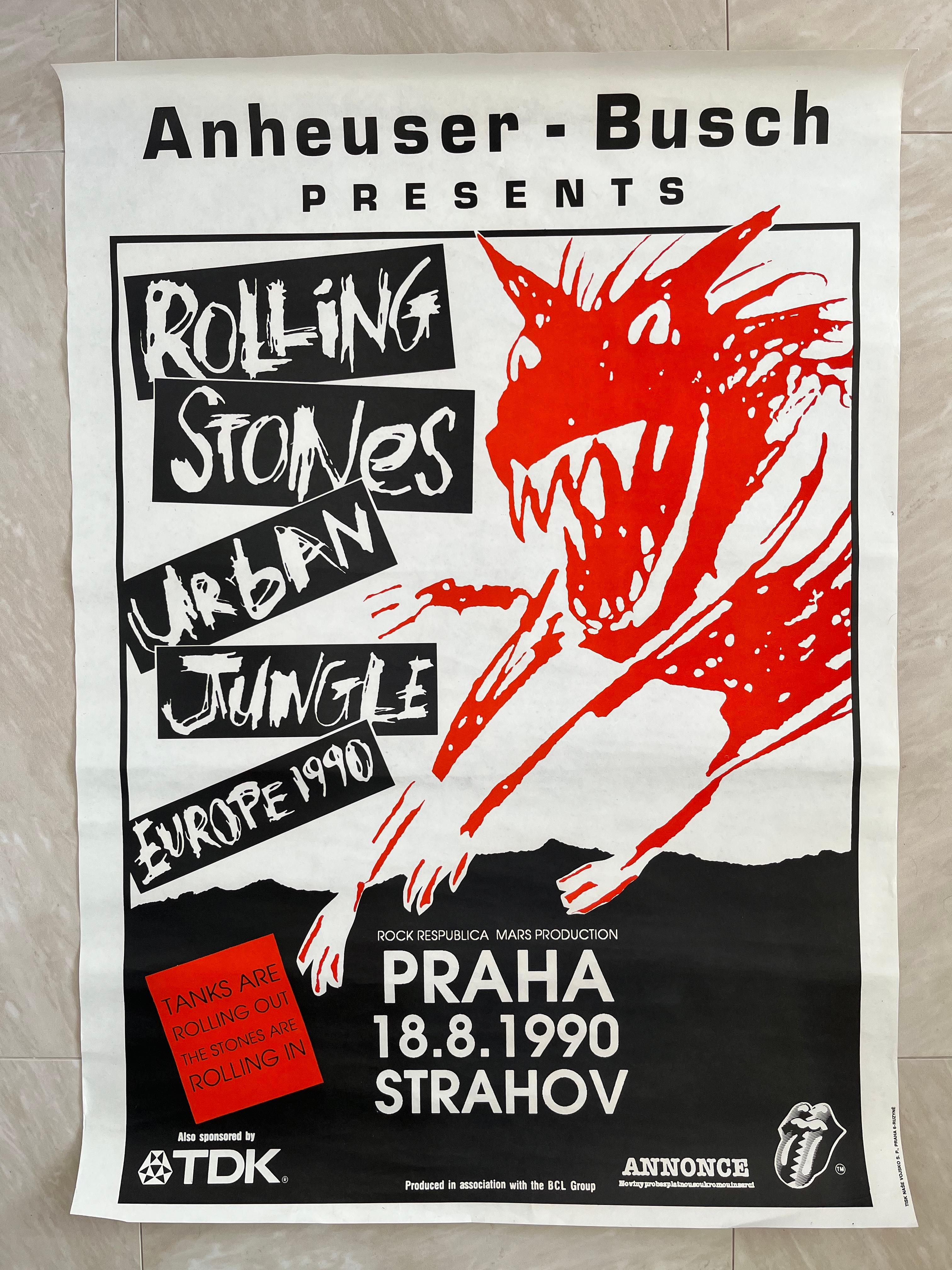 Mid-Century Modern Rare Original Rolling Stones Design Concert Poster, Prague / 1990 For Sale