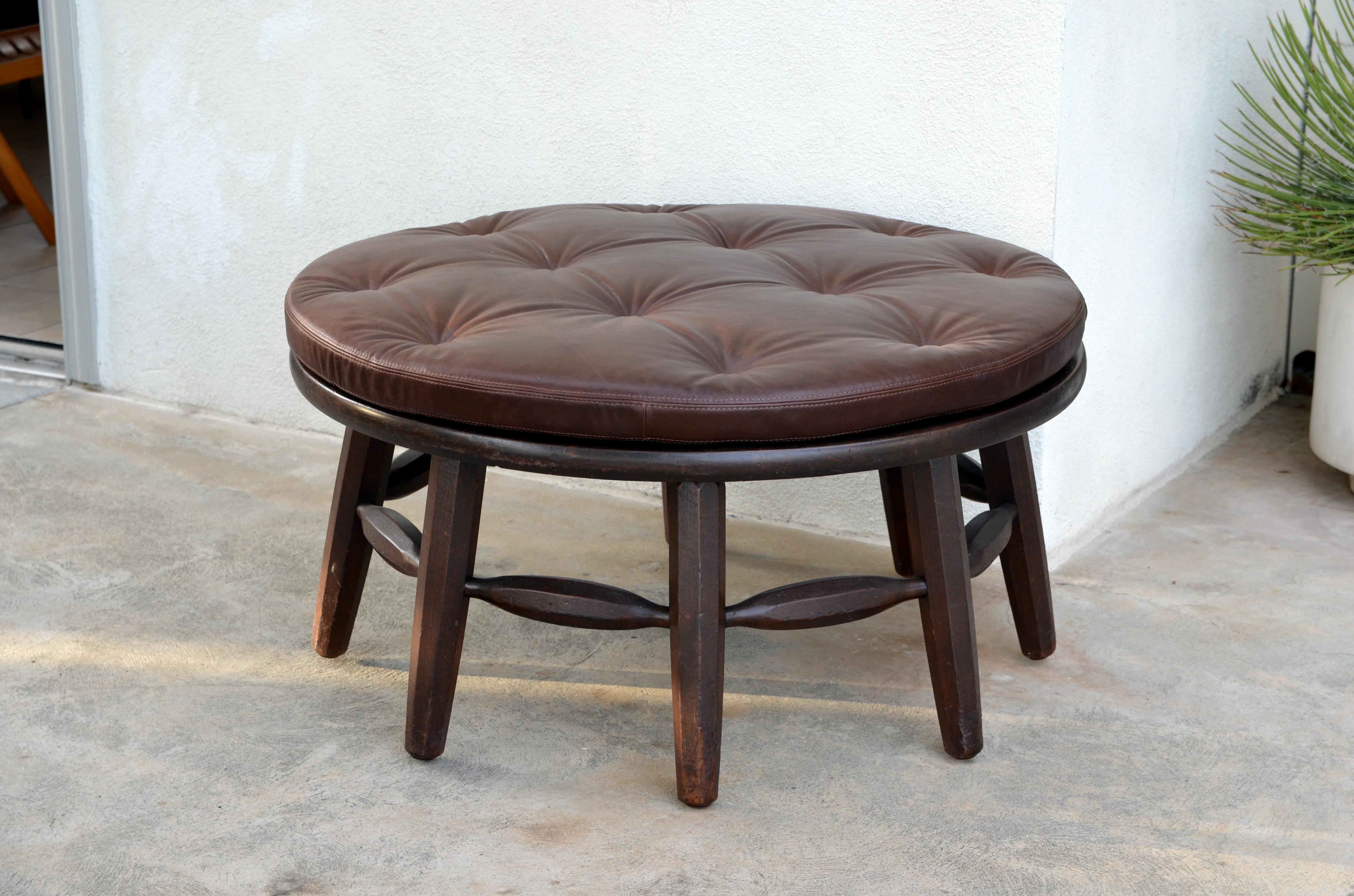 Leather Rare Original Round Monterey Coffee Table or Ottoman, Signed