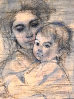 Rare aquarelle originale signée Edna Hibel sur soie dans un cadre en or doré