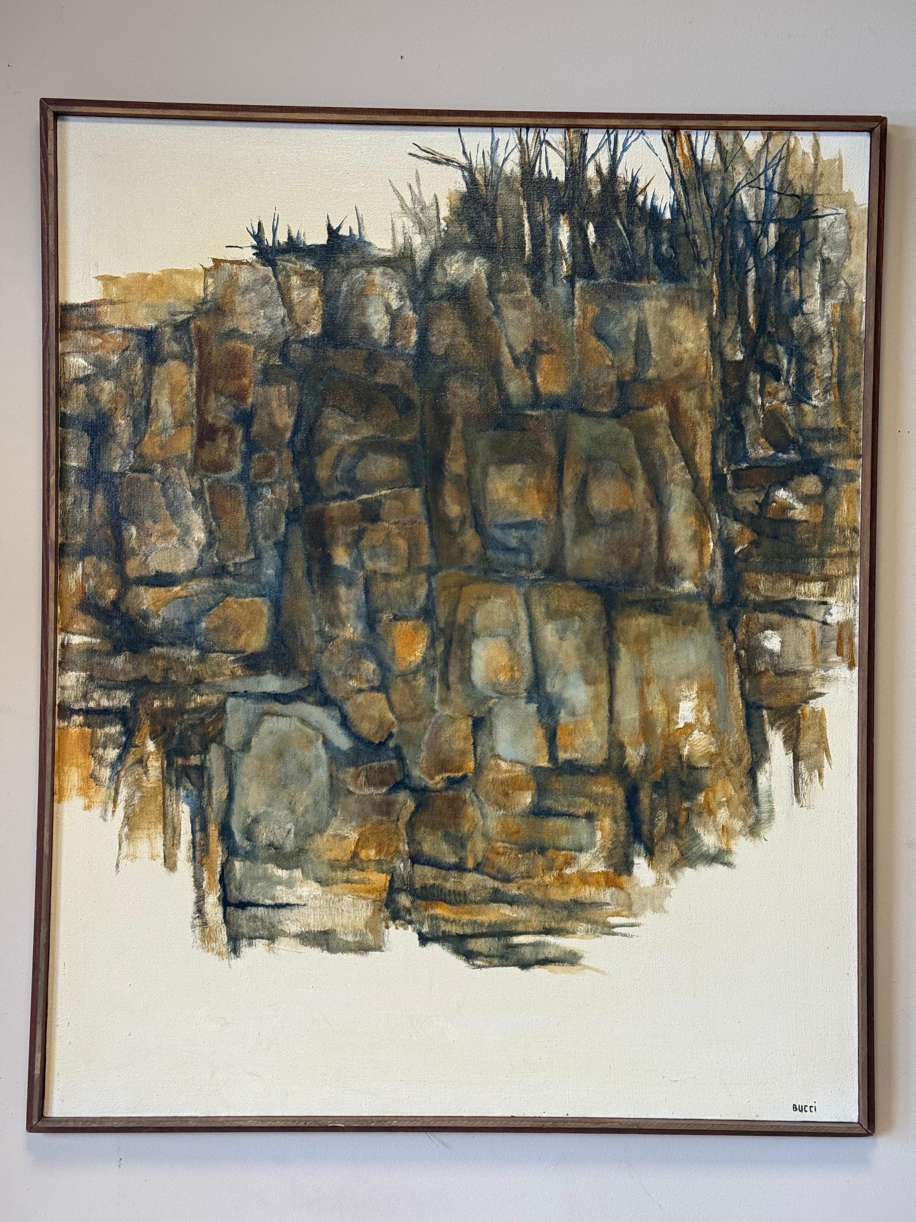 Huile originale sur toile de l'artiste Bucci.  Circa 1960's avec provenance au dos montrant que la pièce a été vendue pour 110 $ au début des années 1960.  Il s'agit d'une œuvre d'art impressionniste abstraite du milieu du siècle.