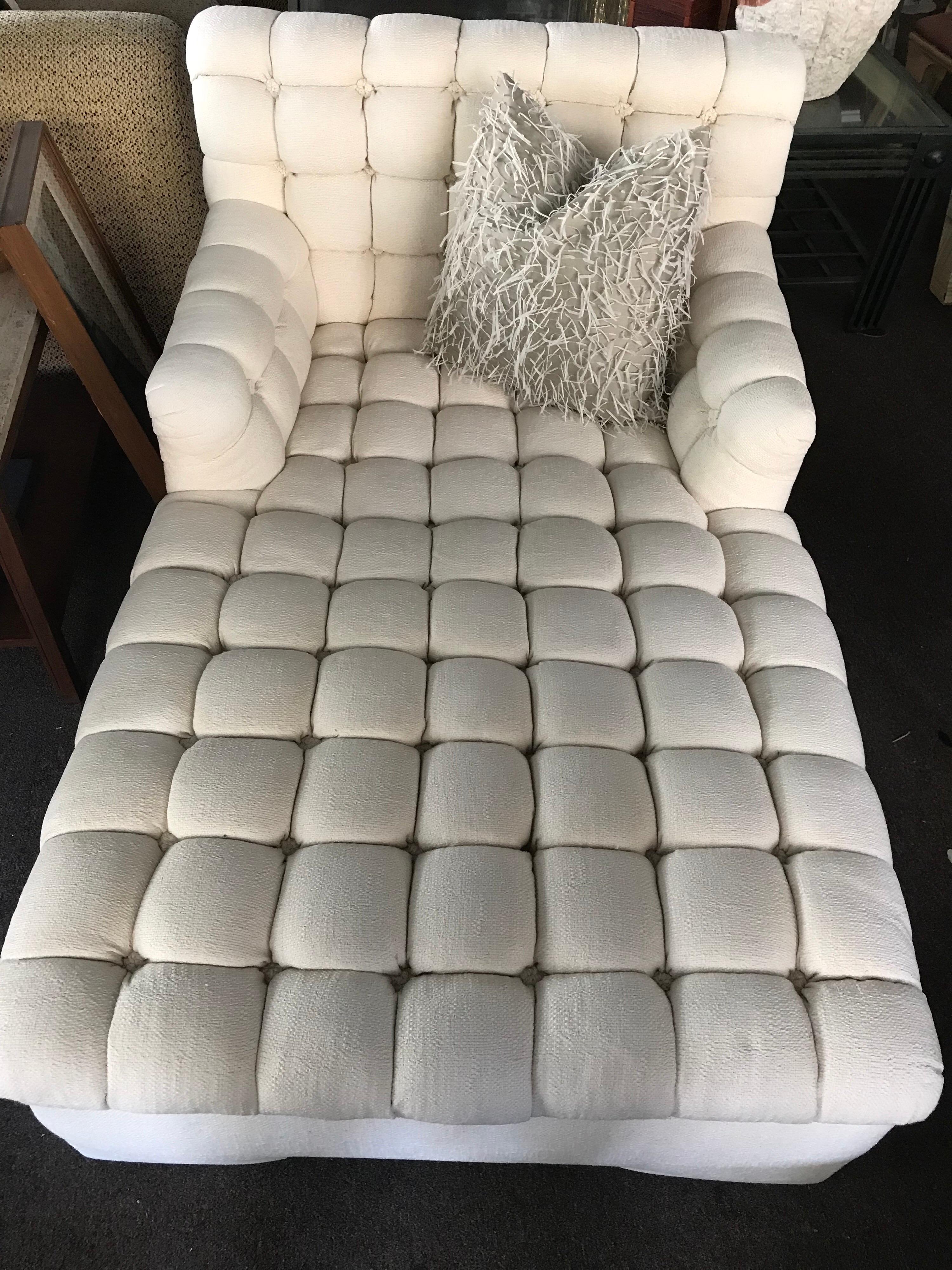 This spectacular chaise longue came from a very high end Rancho Mirage Estate designed entirely by the late, Steve Chaise. The intricate marshmallow tufted pie was made in Los Angeles by A. Rudin.