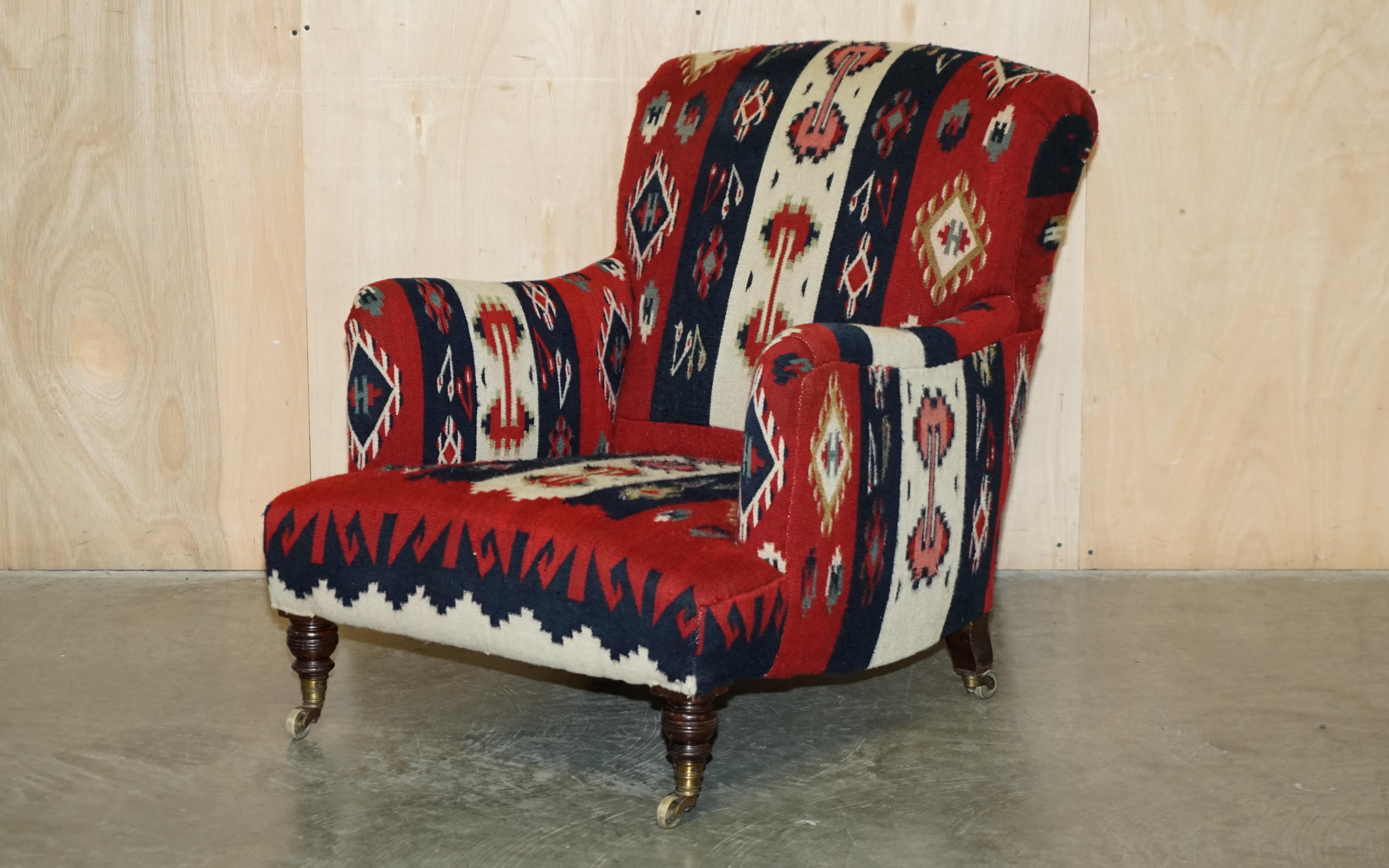 Royal House Antiques

Royal House Antiques is delighted to offer for sale this super rare, totally original, Howard & Son's Berners street fully stamped Bridgewater model armchair with the super rare, English Country House Kilim upholstery 

Please