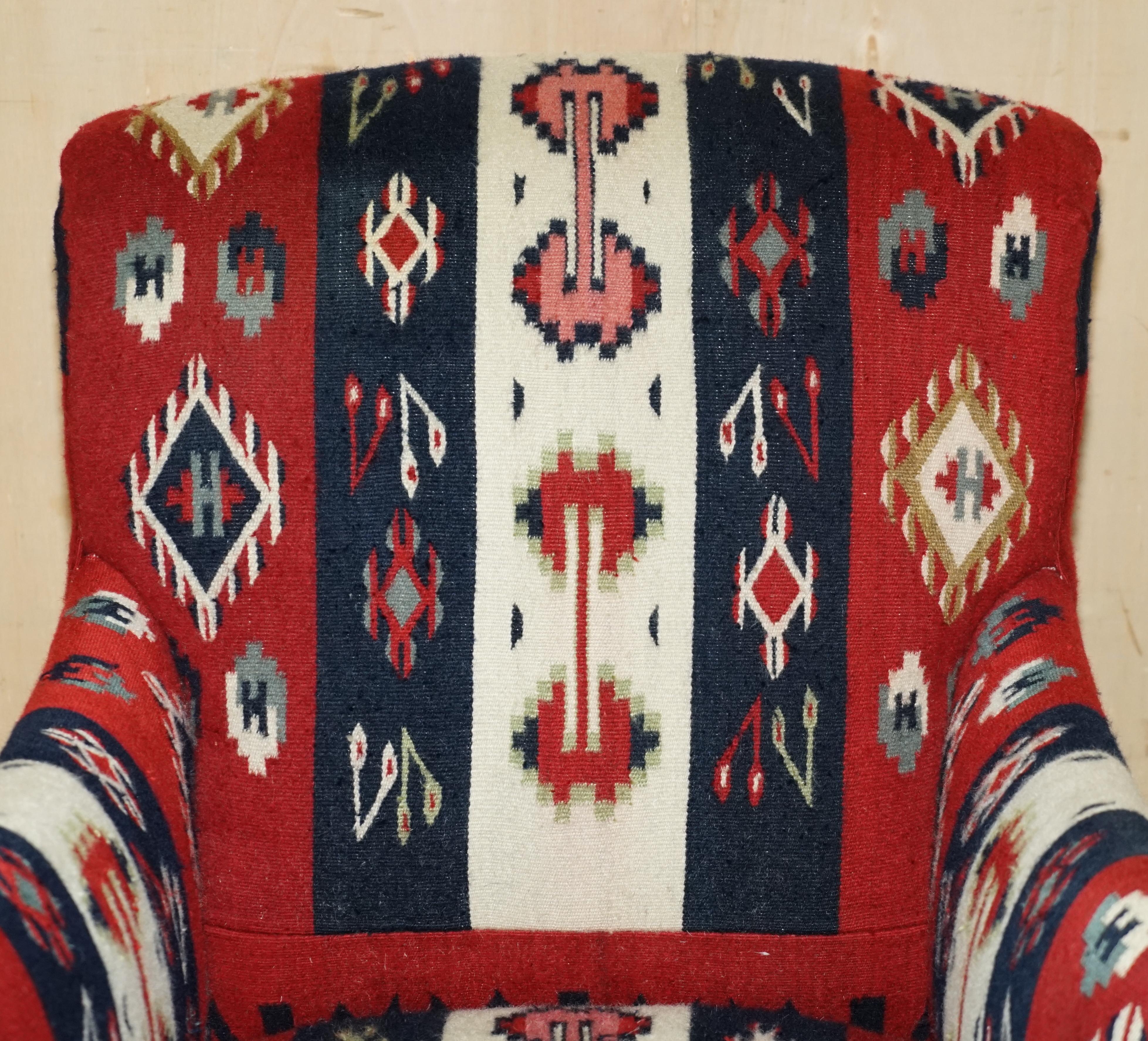 English RARE ORIGINAL ViCTORIAN HOWARD & SONS BRIDGEWATER ARMCHAIR WITH KILIM UPHOLSTERY For Sale