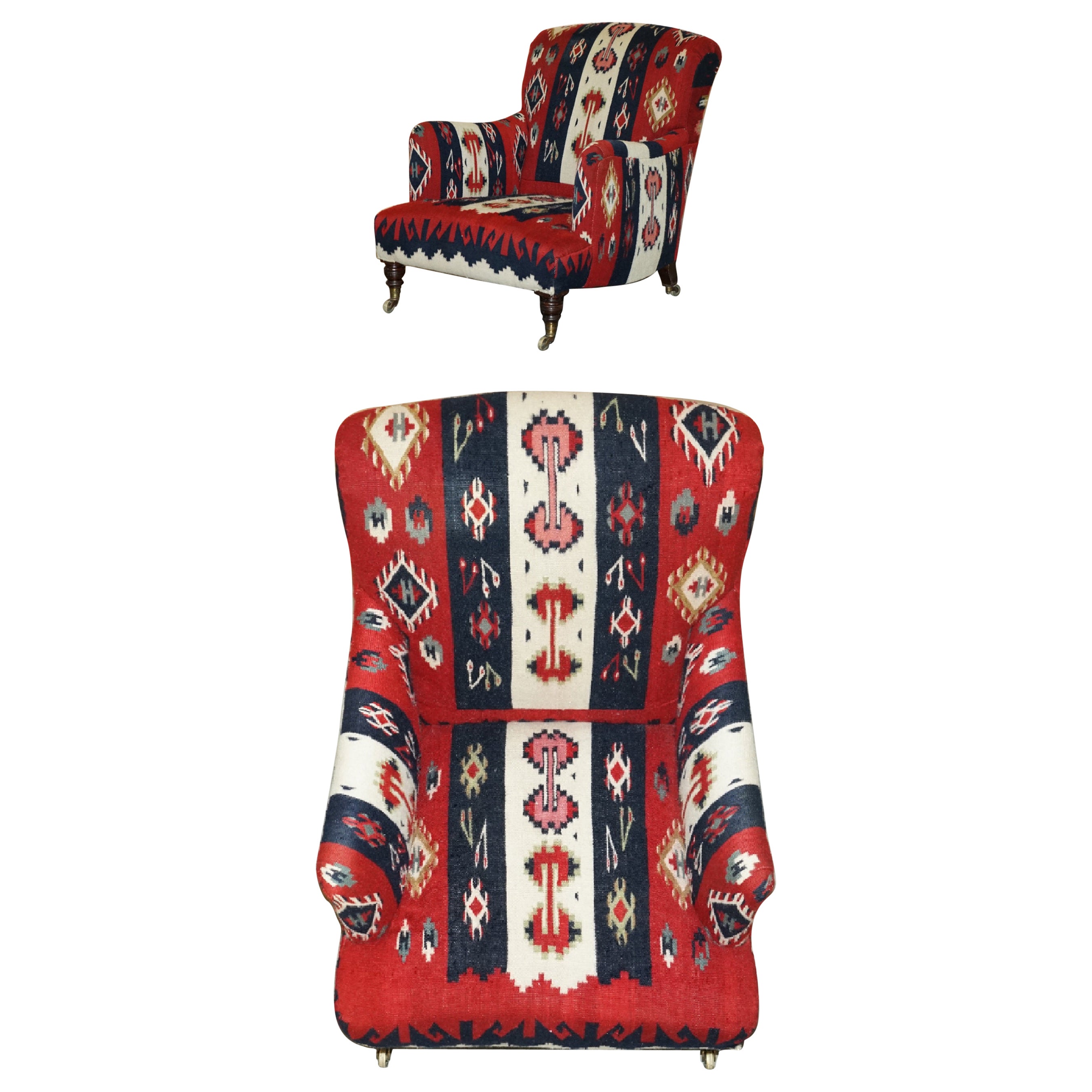 RARA POLTRONA ORIGINALE ORIGINALE DI HOWARD & SONS BRIDGEWATER CON IMBOTTITURA IN KILIM