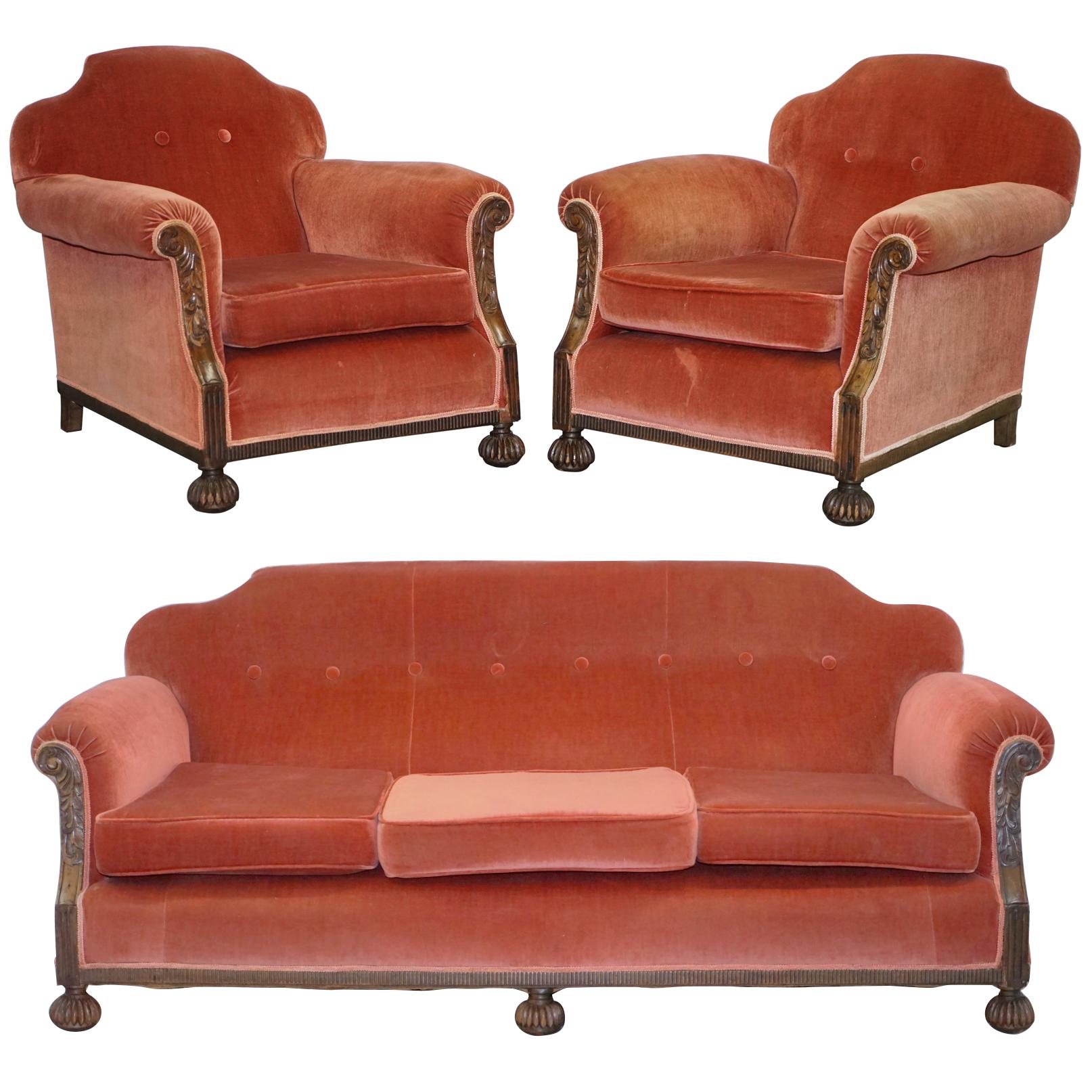 Rare Original Victorian Suite Ideal Restoration Project Club Armchairs and Sofa