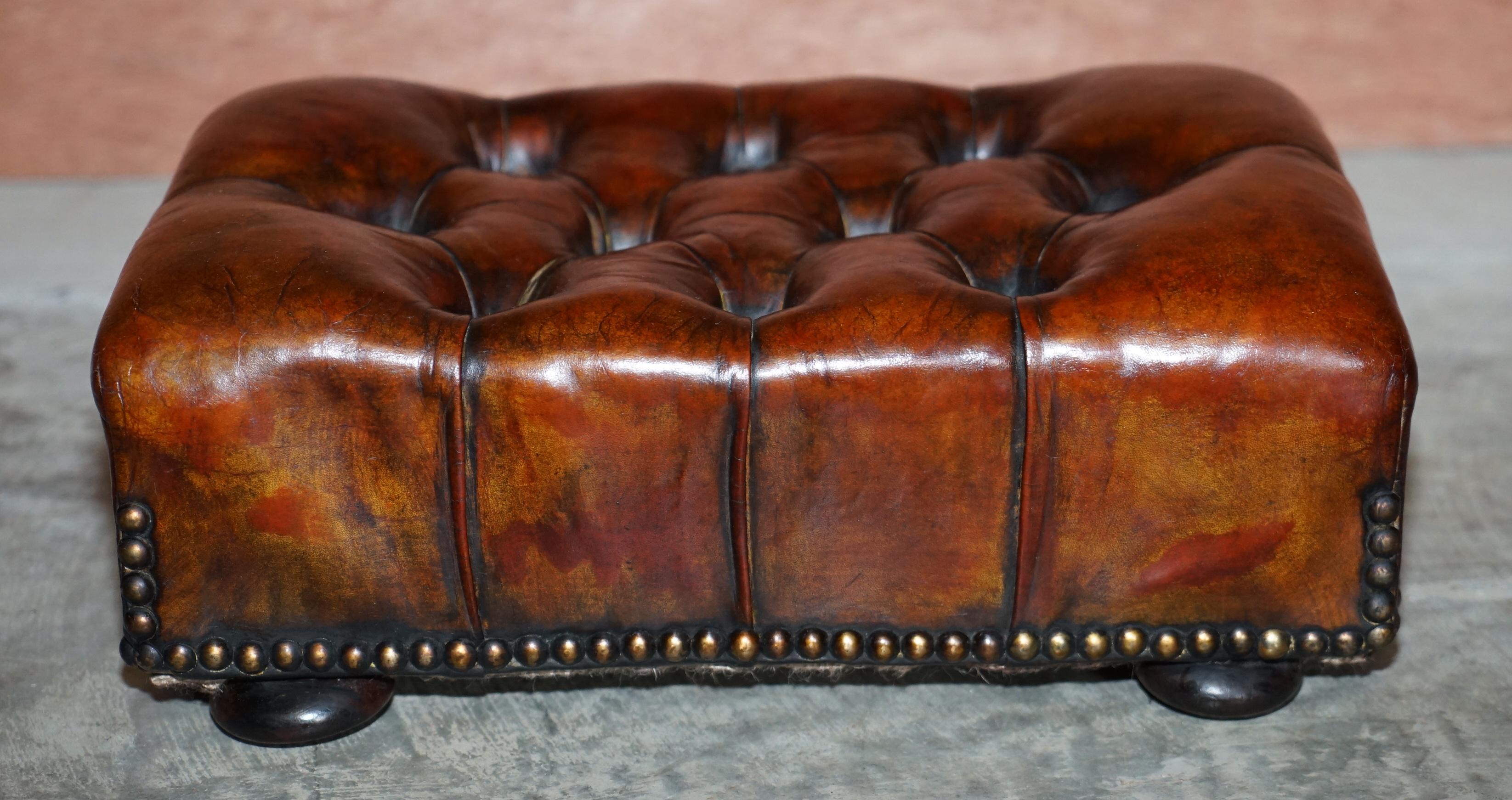 Rare Original Victorian Wingback Armchair Chesterfield Brown Leather Footstool 5