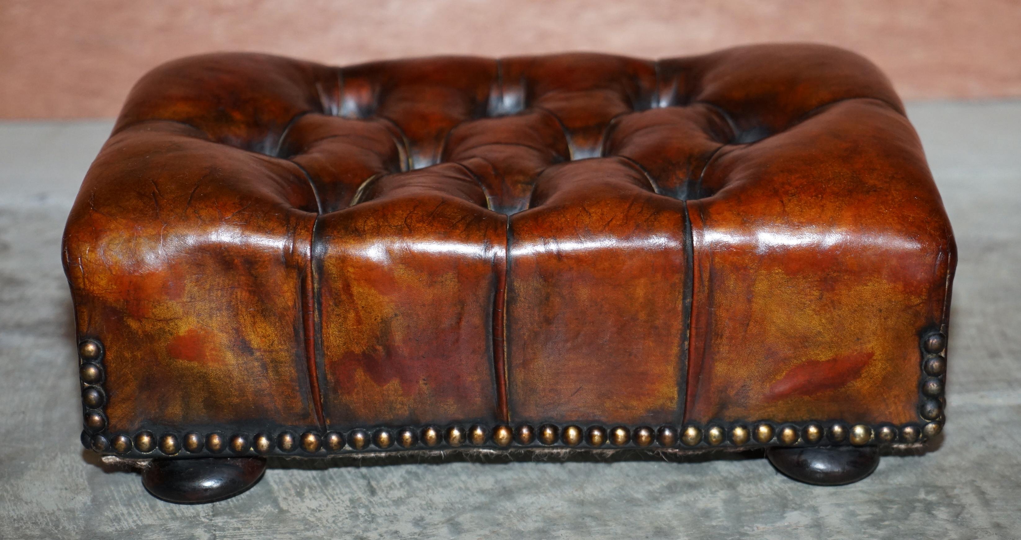 Rare Original Victorian Wingback Armchair Chesterfield Brown Leather Footstool 4
