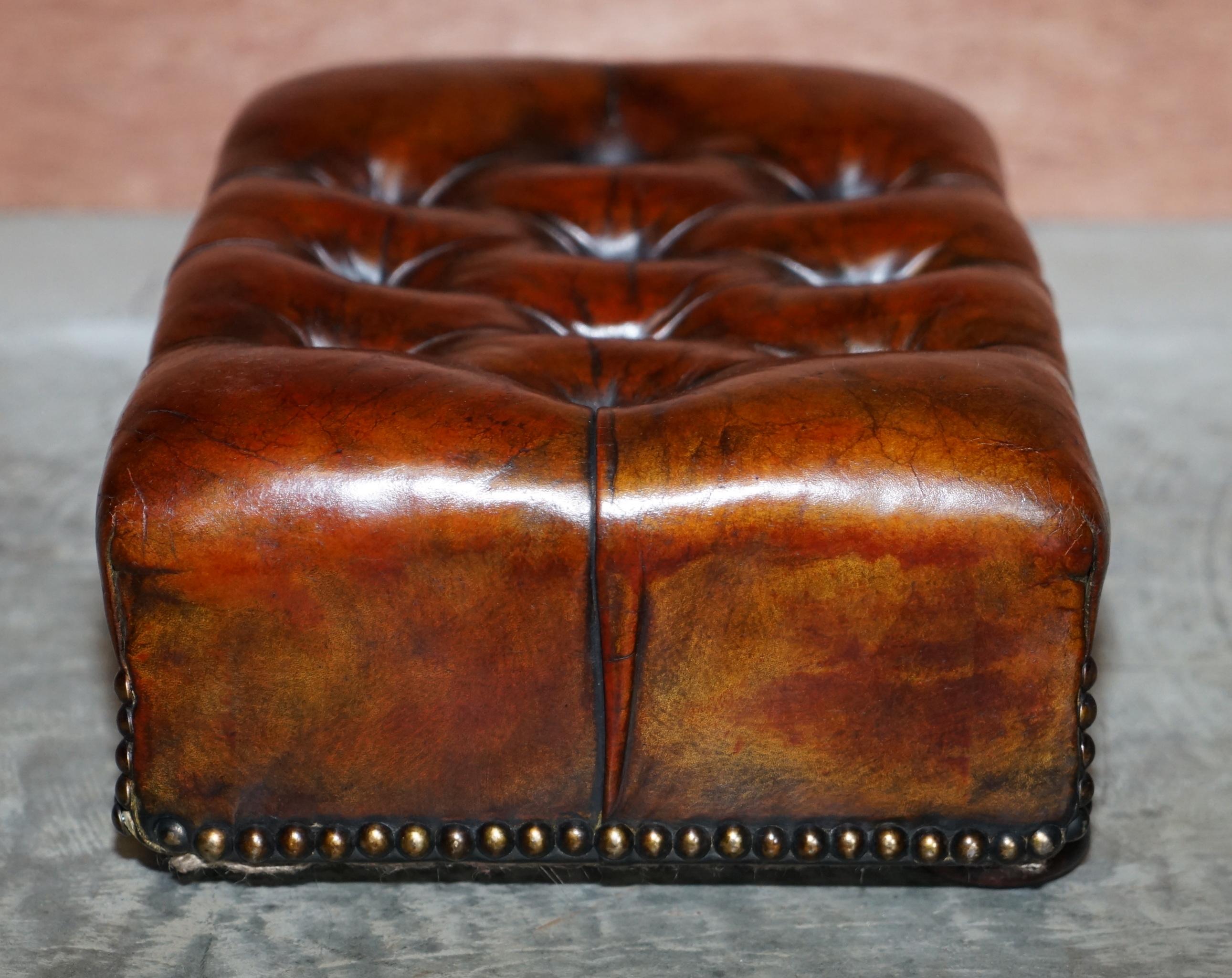 Rare Original Victorian Wingback Armchair Chesterfield Brown Leather Footstool 6
