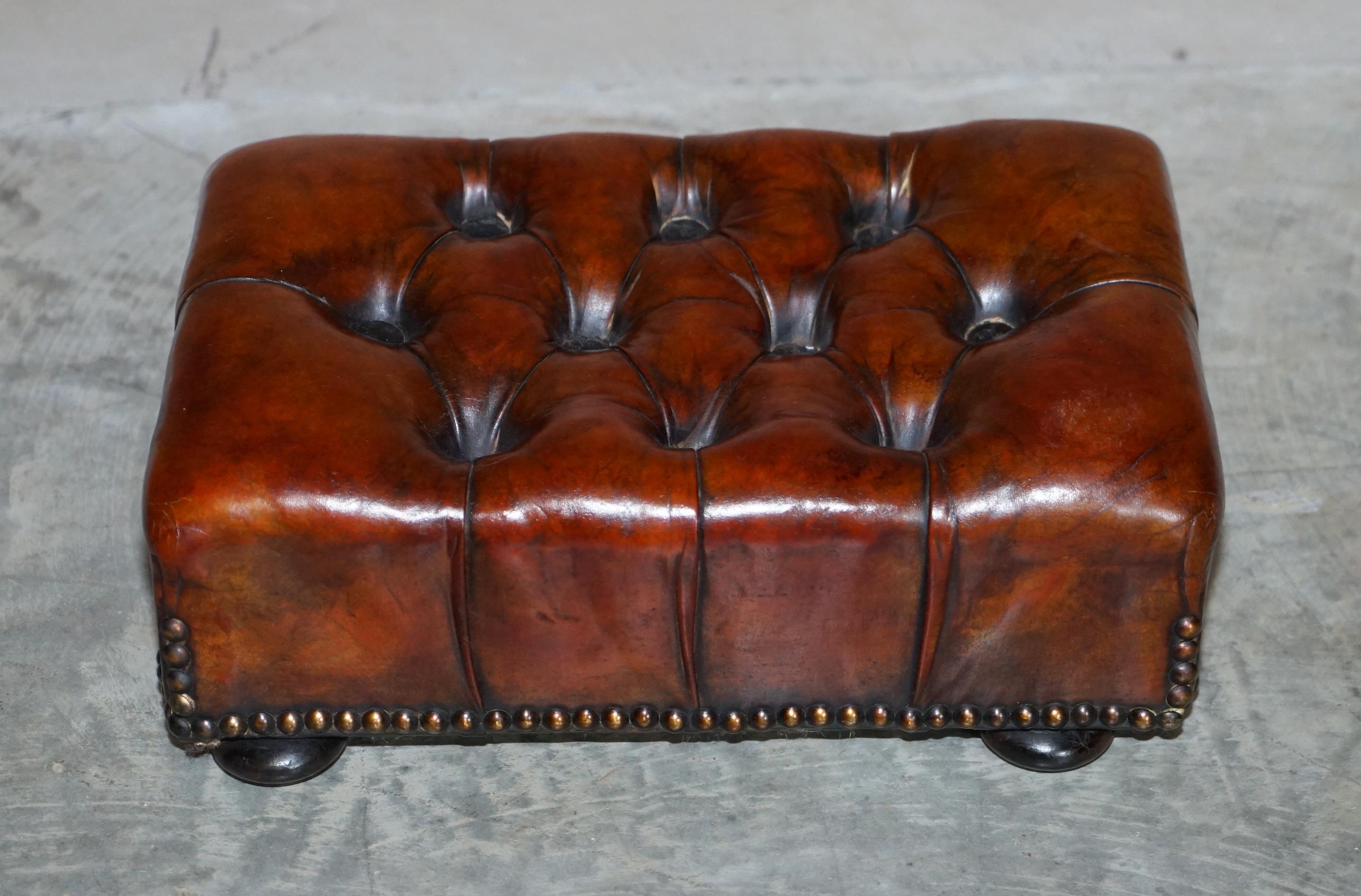 We are delighted to offer for sale this stunning, fully restored small, Wingback armchair, hand dyed rich cigar brown leather Chesterfield footstool.

A very good looking and well made stool, it has been upholstered with high grade premium cattle
