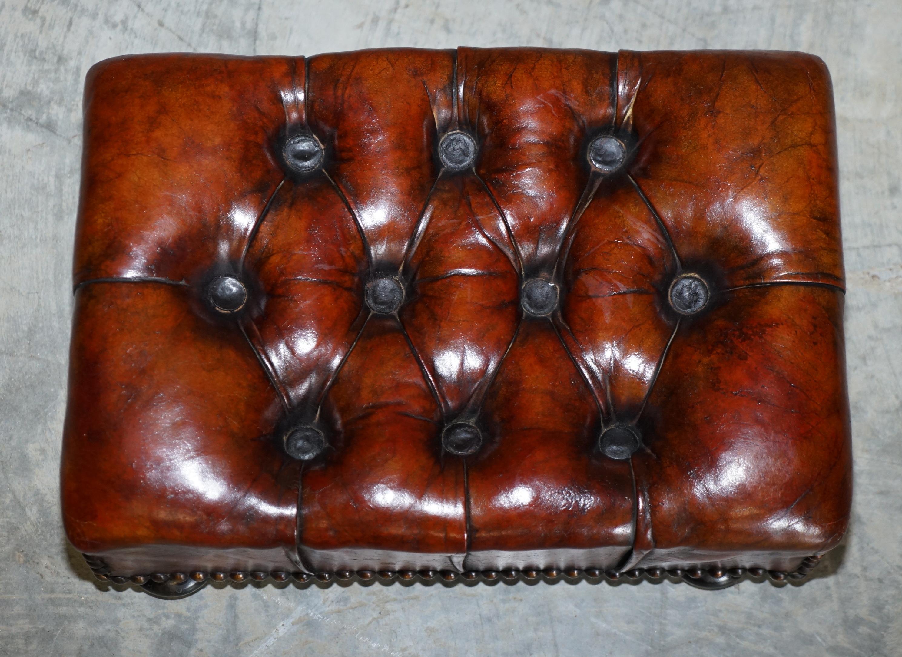 English Rare Original Victorian Wingback Armchair Chesterfield Brown Leather Footstool