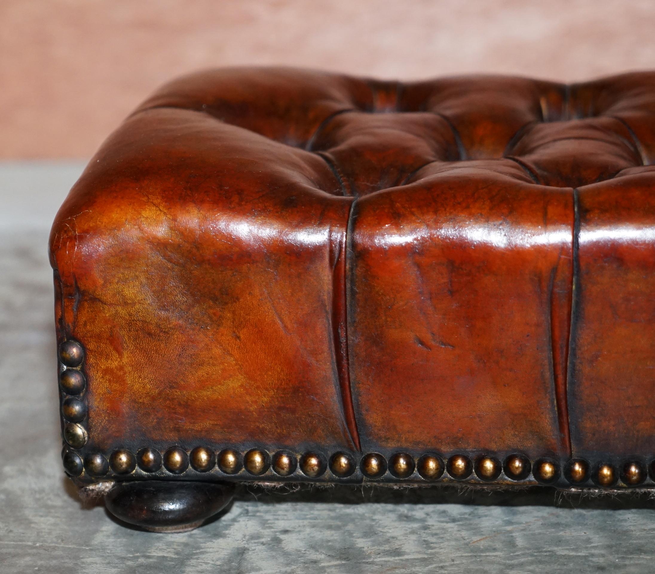 Rare Original Victorian Wingback Armchair Chesterfield Brown Leather Footstool 3