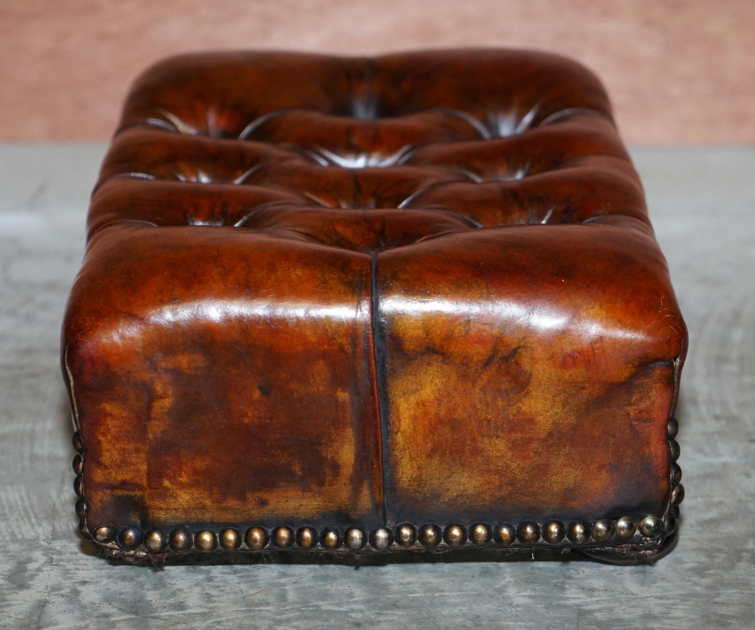 Rare Original Victorian Wingback Armchair Chesterfield Brown Leather Footstool 4