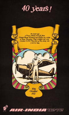 Rare Original Vintage Advertising Poster Air India 40 Years JRD Tata Pilot