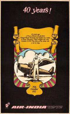 Rare Original Vintage Advertising Poster Air India 40 Years JRD Tata Pilot