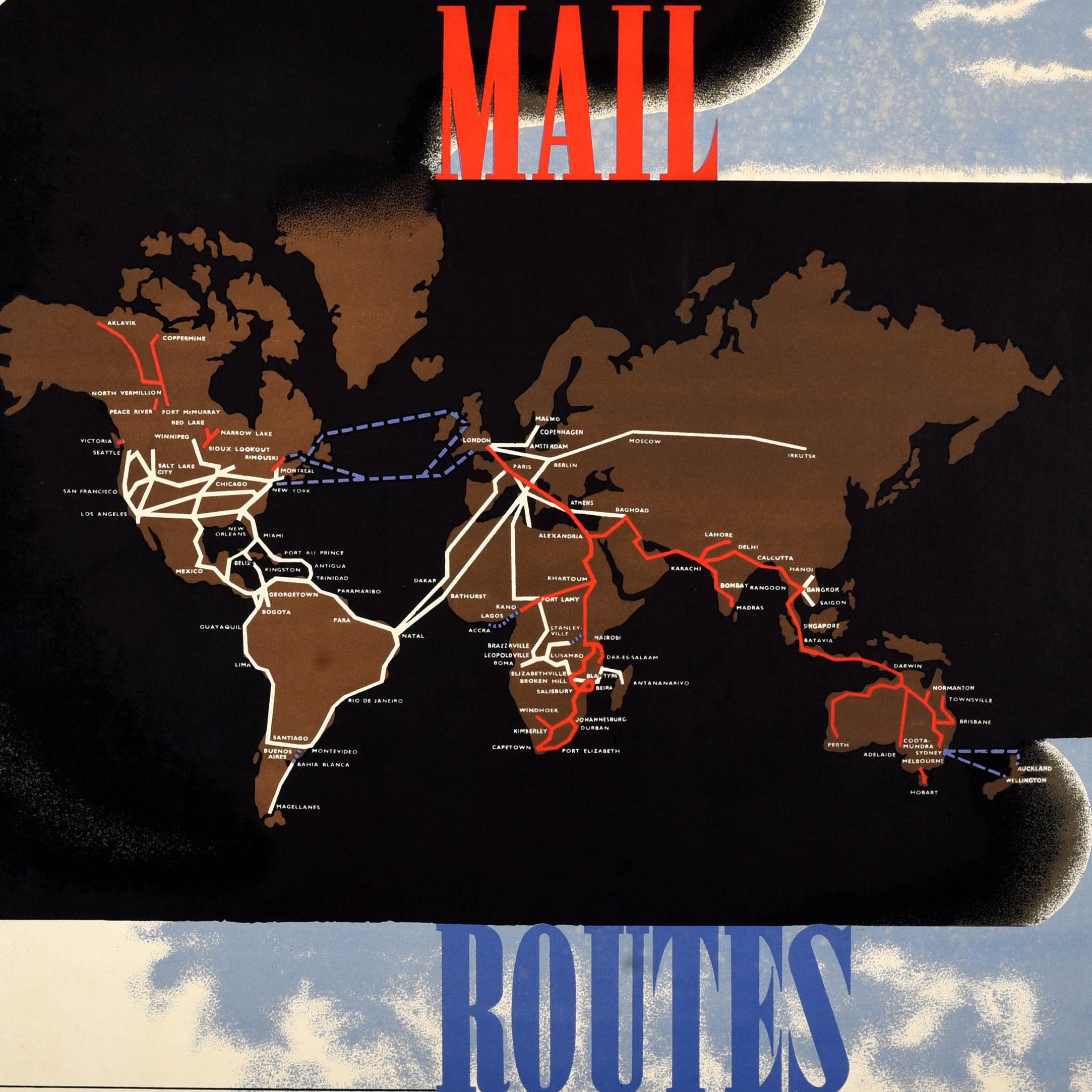 Rare affiche publicitaire originale pour le General Post Office (GPO) - Air Mail Routes - présentant un superbe dessin de l'artiste Edward McKnight Kauffer (1890-1954) montrant les routes aériennes mondiales en rouge, blanc et bleu reliant des