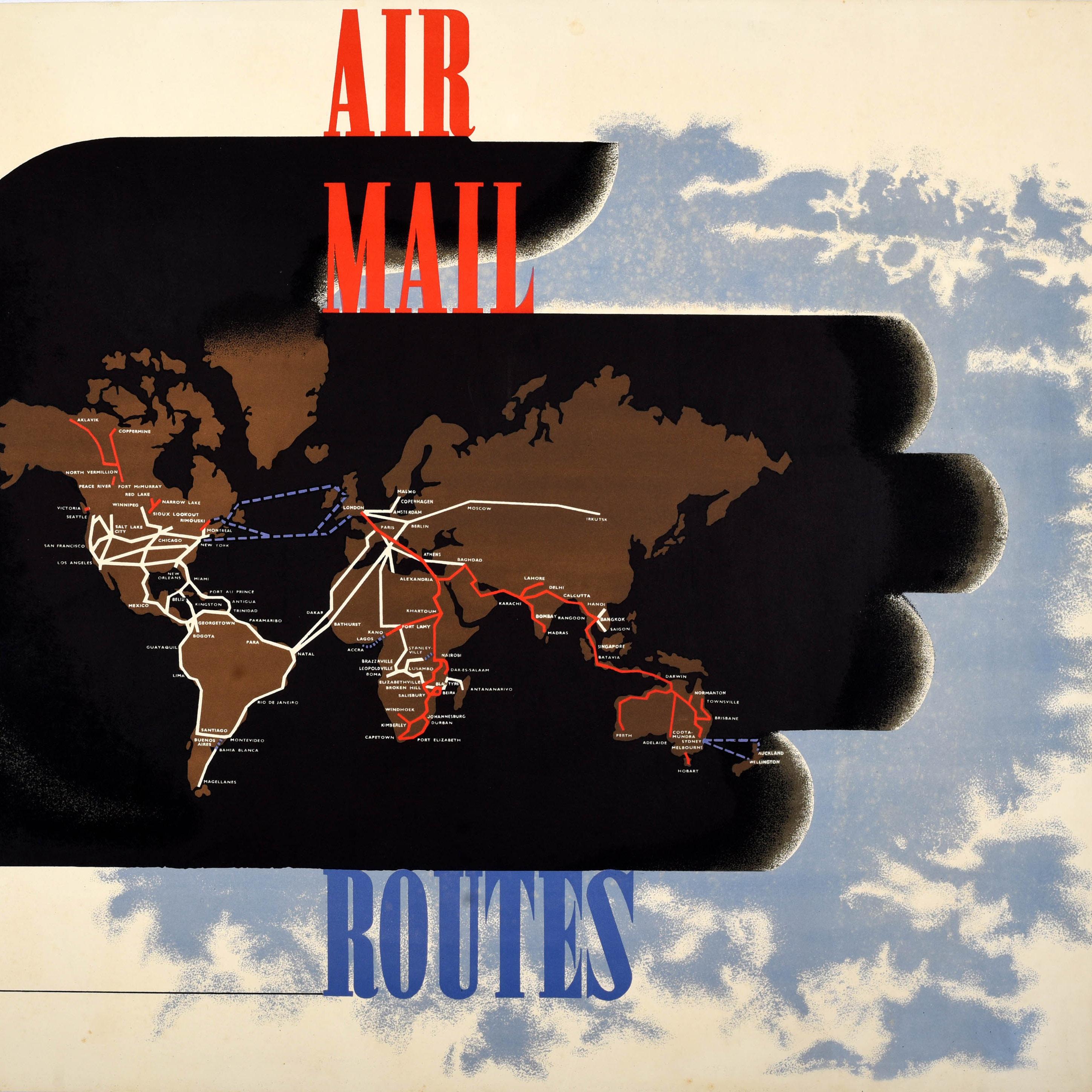 Rare Original Vintage Advertising Poster Air Mail Routes GPO Mcknight Kauffer In Good Condition For Sale In London, GB