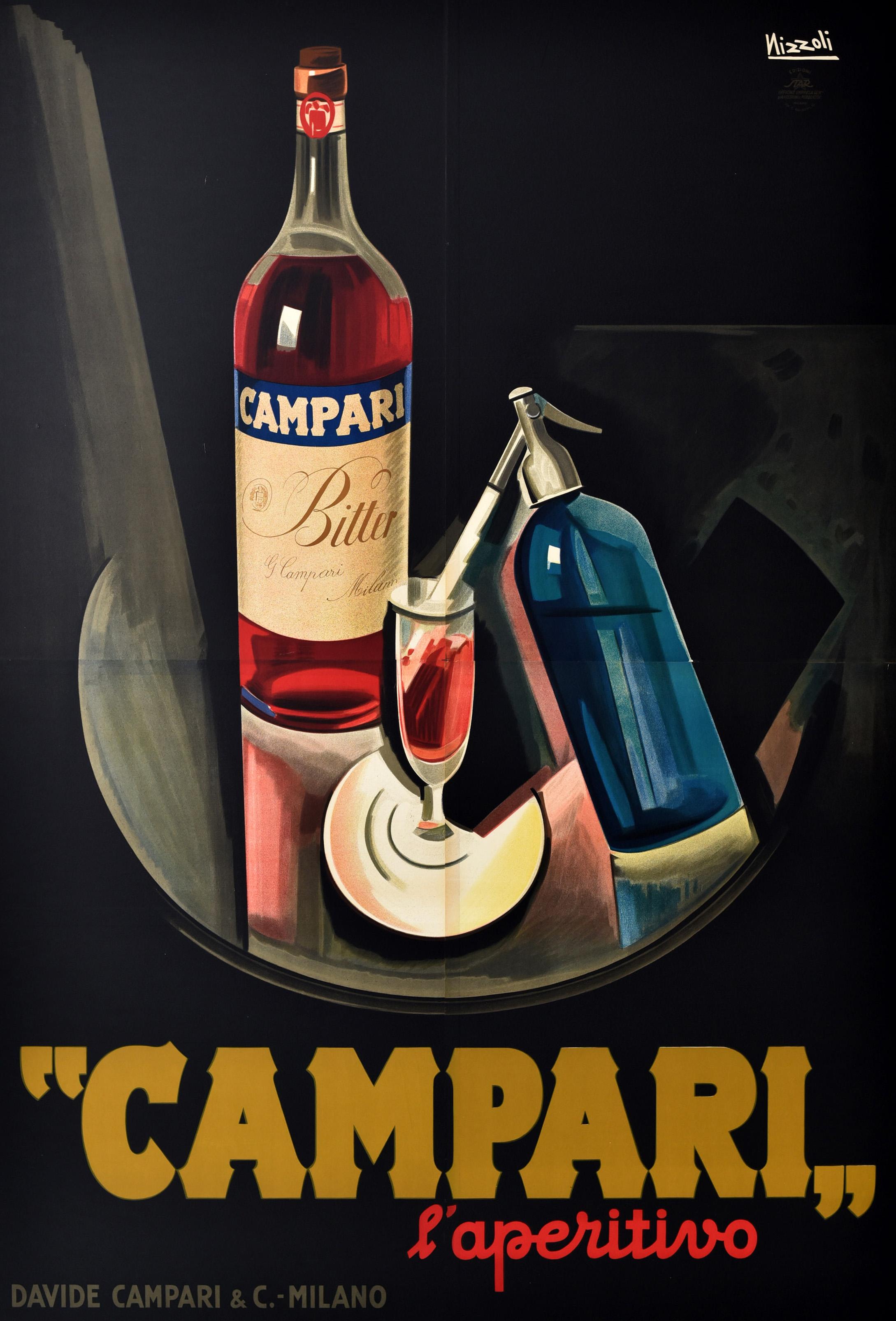 Rare and very large original vintage drink advertising poster for Campari, an alcoholic bitter aperitif drink made with herbs and fruit infused in alcohol and water. Stunning Art Deco style design by the Italian artist Marcello Nizzoli (1887-1969)