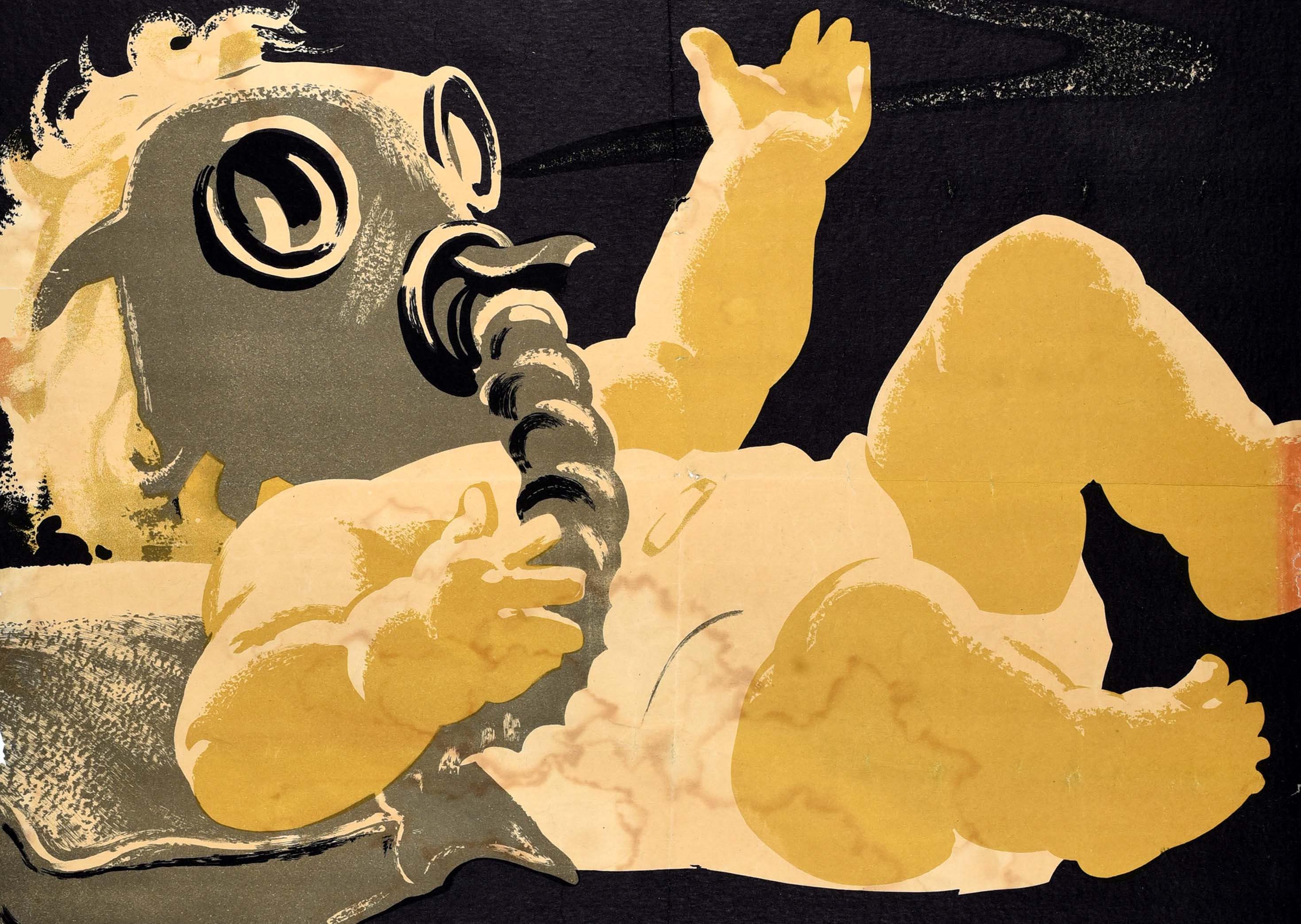 Rare original vintage political General Election poster issued by the Labour Party - Stop War! Vote Labour - featuring a baby wearing a gas mask on a black background with bold red and white lettering above and below. Published by the Labour Party