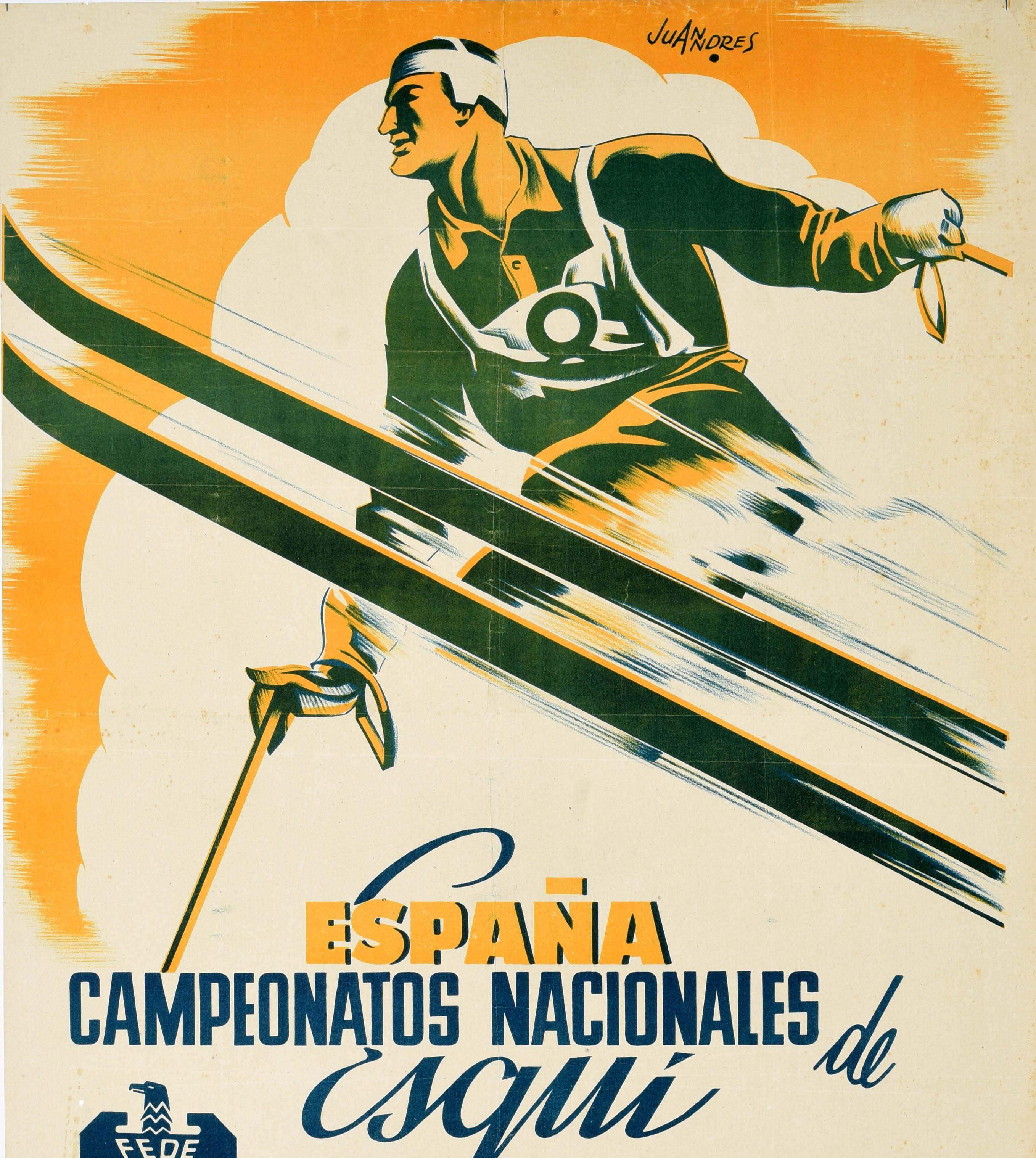 Rare affiche originale de sport de ski pour les Championnats nationaux de ski d'Espagne - Espana Campeonatos Nacionales de Esqui - organisés par la Fédération catalane de ski à La Molina et dans la vallée de Nuria du 2 au 8 mars 1942. Le dessin