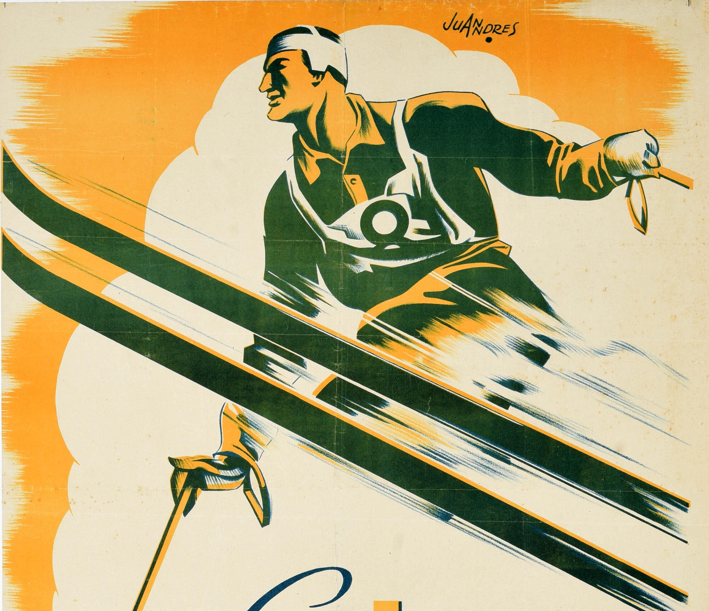 Art déco Rare affiche originale de sport de ski des championnats de La Molina, Espagne en vente