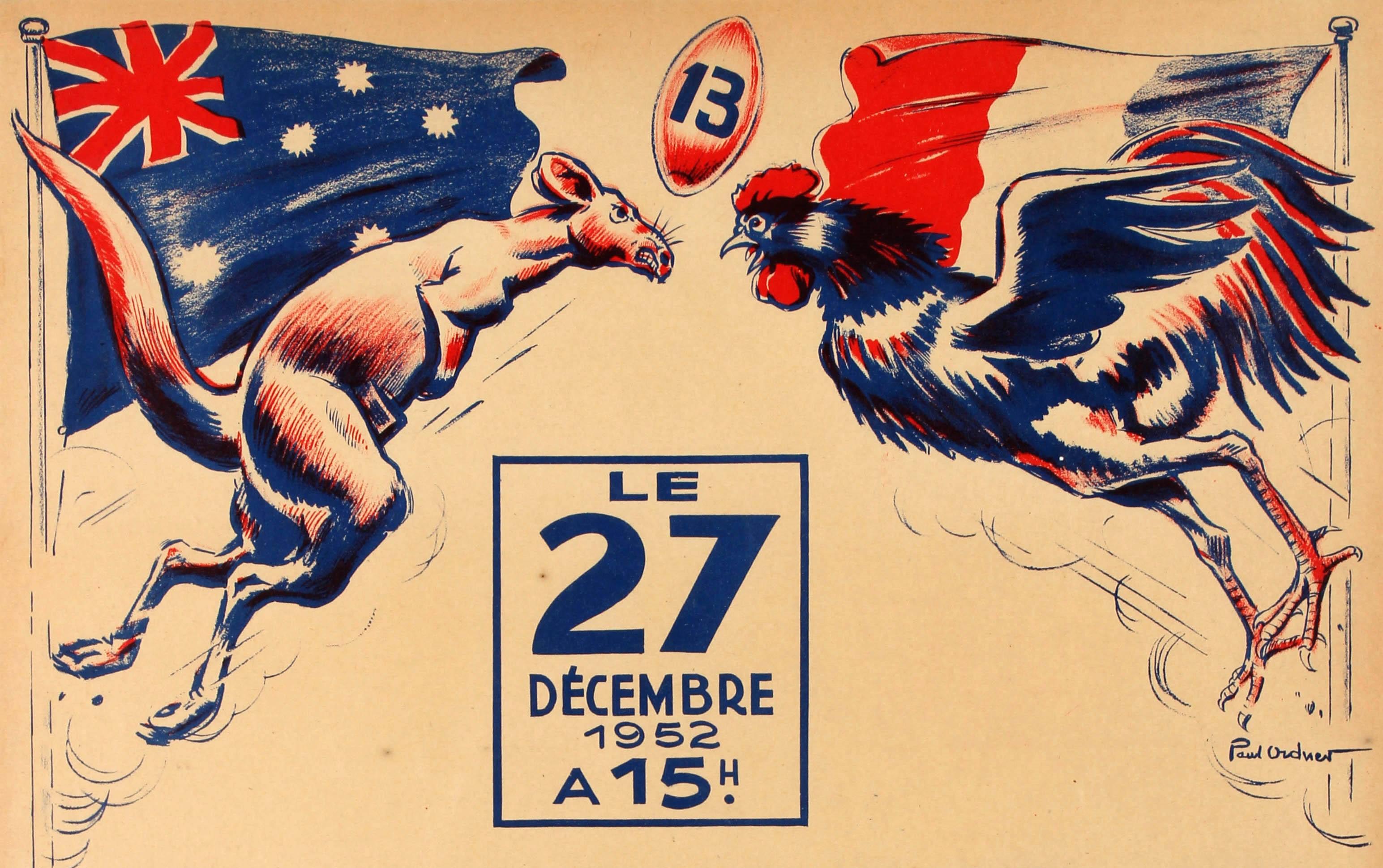 Rare original vintage sport event poster advertising the rugby test game between France and Australia held at the Parc des Princes in Paris on 27 December 1952. Dynamic design by Paul Ordner (1900-1969) showing a kangaroo (symbol of the Australian