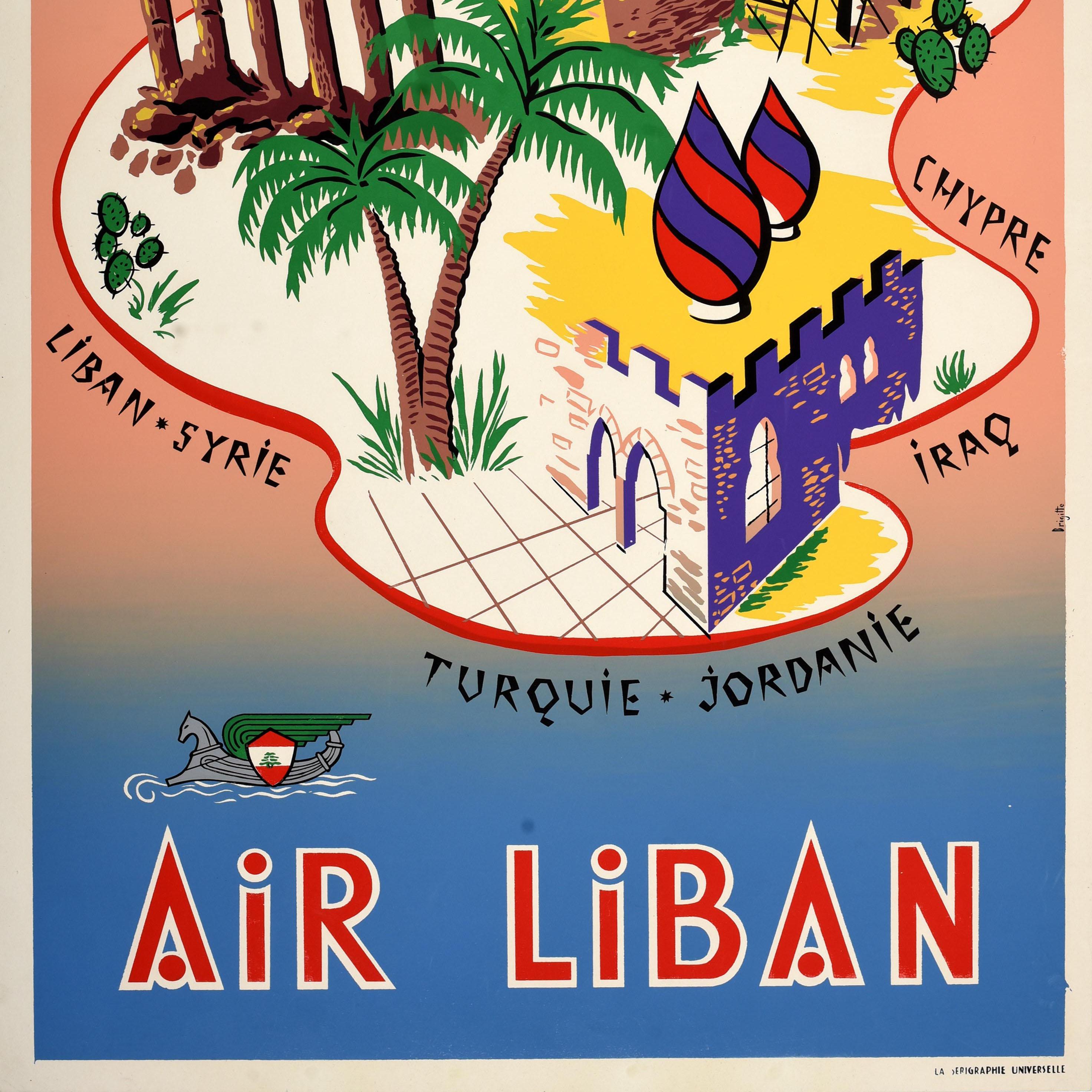 Rare Original Vintage Travel Poster Air Liban Middle East Airlines Lebanon Map In Good Condition For Sale In London, GB