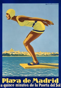 Seltene Original Vintage Travel Poster Playa De Madrid Strand Art Deco Lady Diver