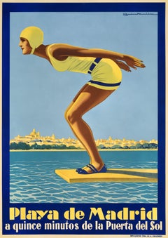 Seltene Original Vintage Travel Poster Playa De Madrid Strand Art Deco Lady Diver