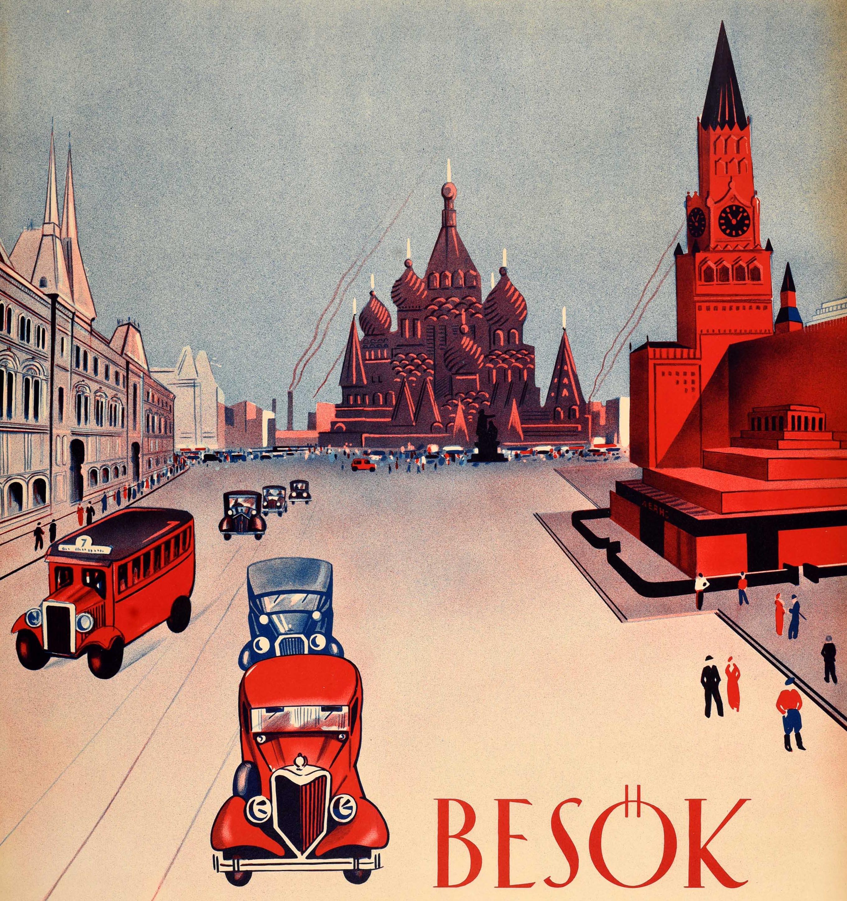 Raro cartel de viaje original de época de la URSS en sueco - Visita la Unión Soviética / Besok Sovjet-Unionen - con un gran diseño Art Decó que muestra coches y autobuses clásicos circulando por la Plaza Roja hacia el espectador, pasando por los