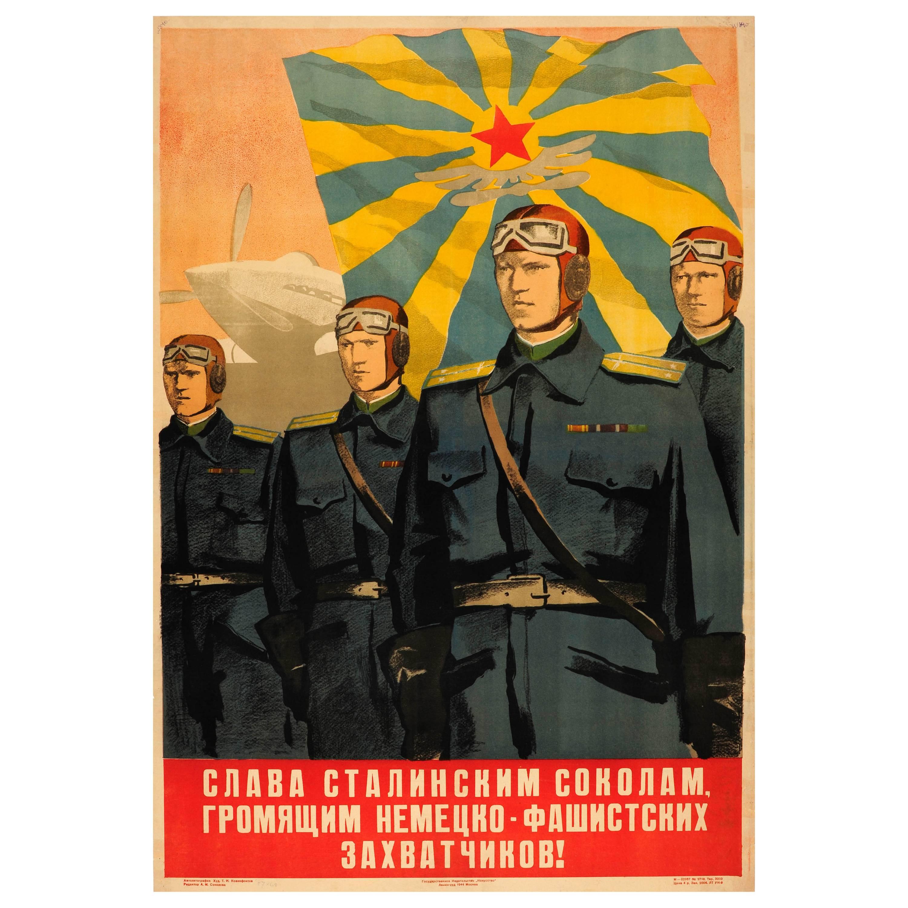 Seltenes Originales sowjetisches Luftwaffenplakat aus dem Zweiten Weltkrieg: Stalin's Hawks Smash Deutsche Invaders