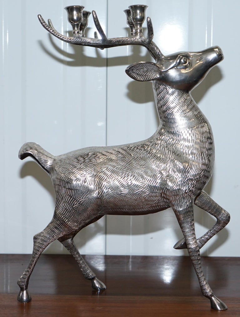 Rare Ornately Cast Large Silver Plated Candle Stick Holder Reindeer