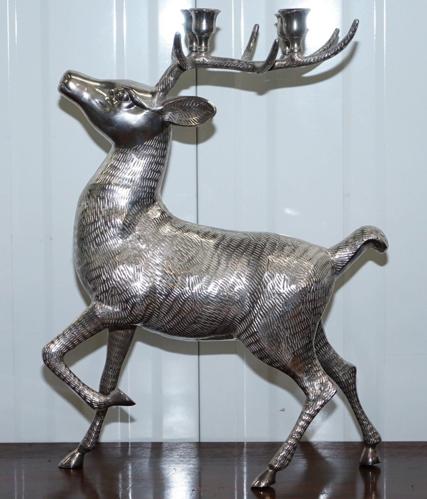 Rare Ornately Cast Large Silver Plated Candle Stick Holder Reindeer Candelabra 4