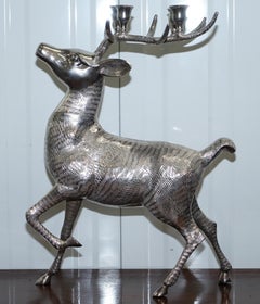 Rare Ornately Cast Large Silver Plated Candle Stick Holder Reindeer Candelabra
